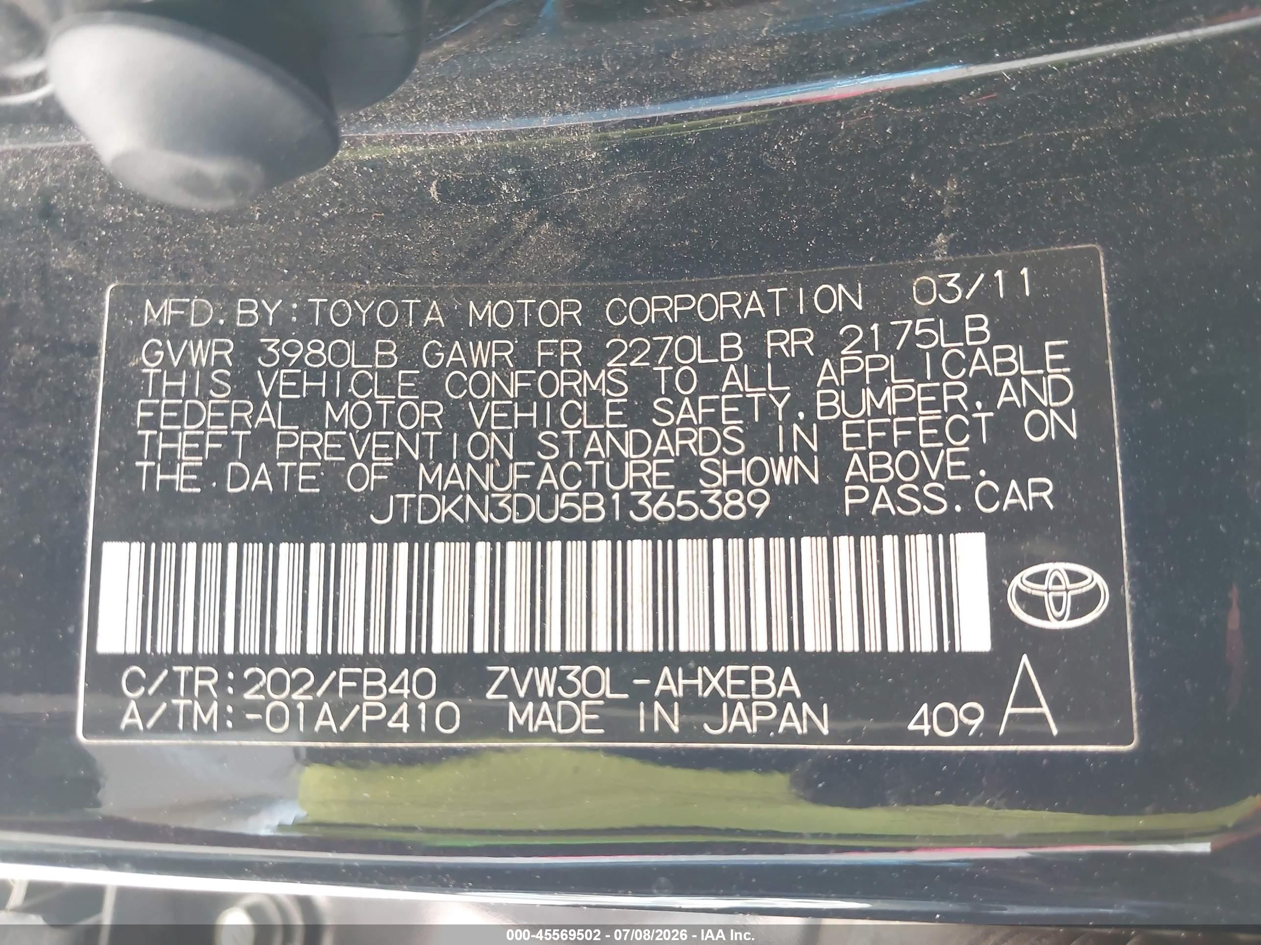 2011 Toyota Prius Two Black vin: JTDKN3DU5B1365389