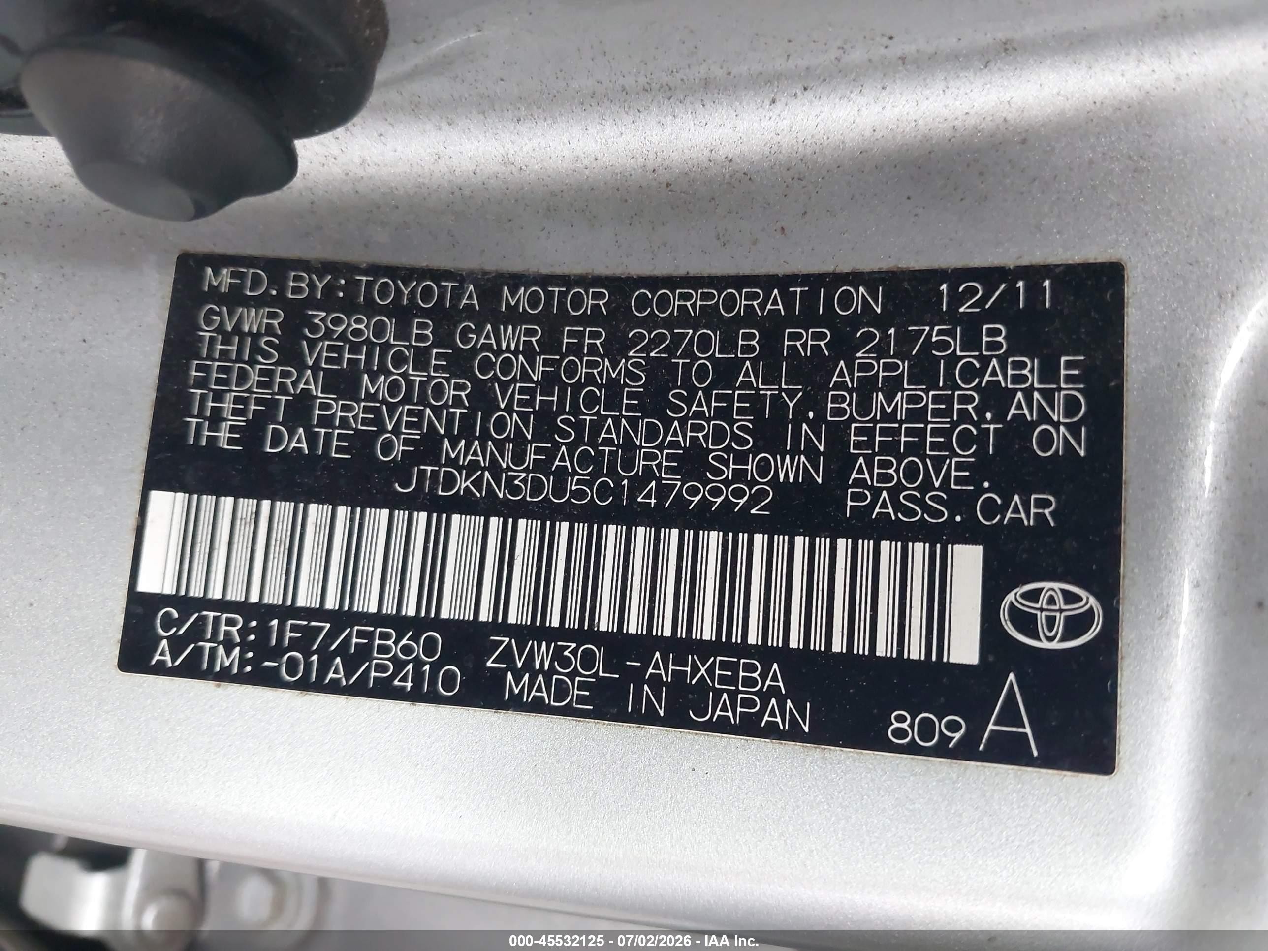 2012 Toyota Prius Two Silver vin: JTDKN3DU5C1479992