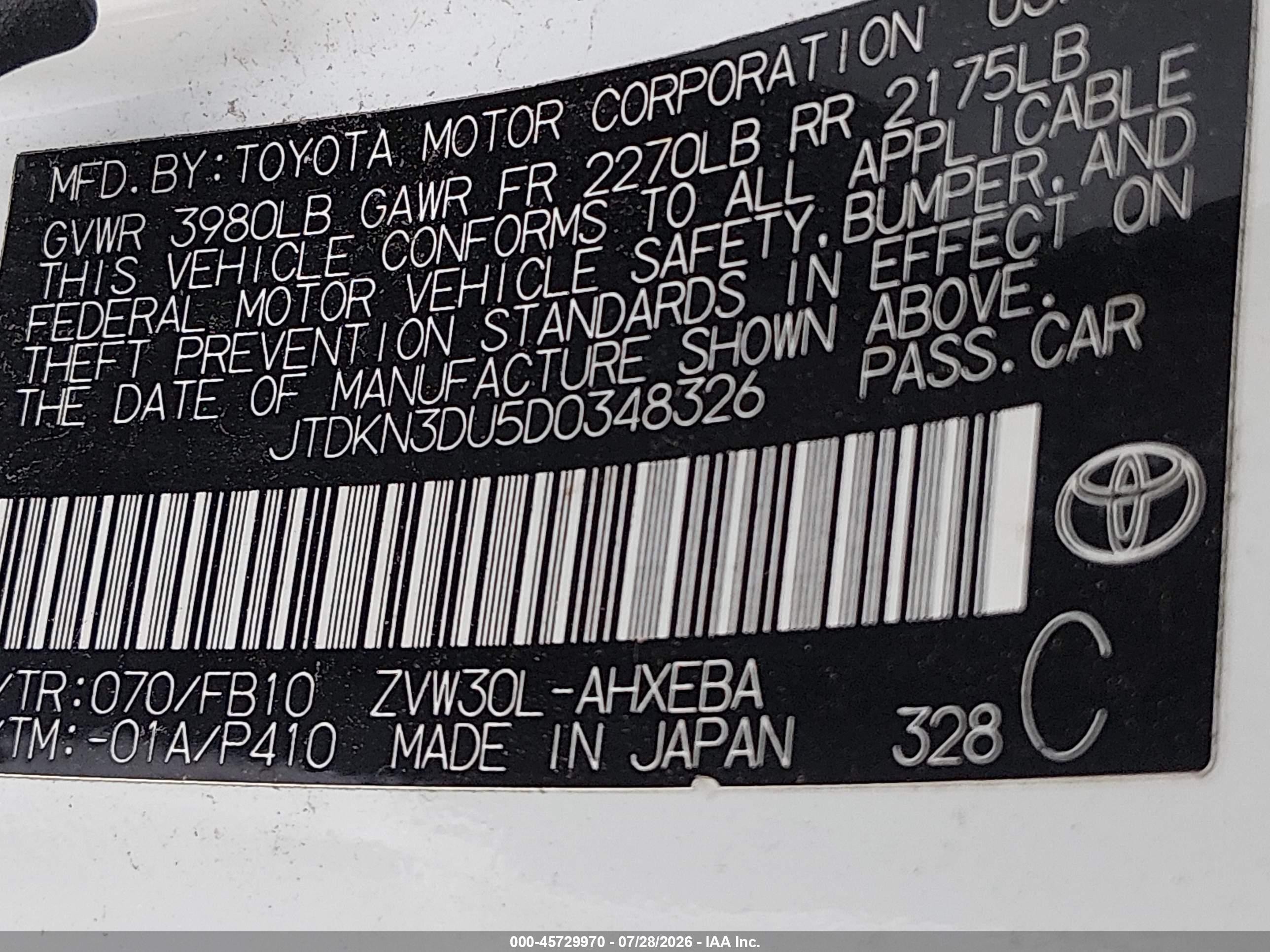 2013 Toyota Prius Two White vin: JTDKN3DU5D0348326