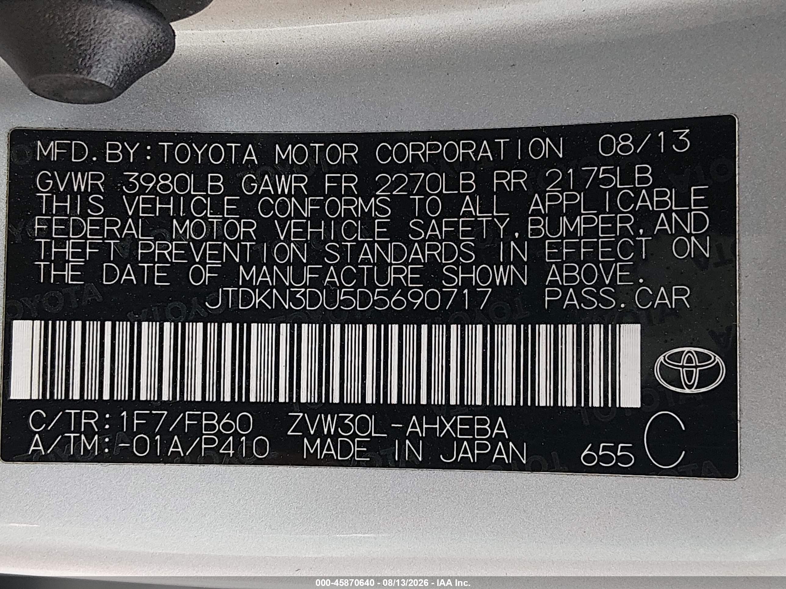 2013 Toyota Prius Two Gray vin: JTDKN3DU5D5690717