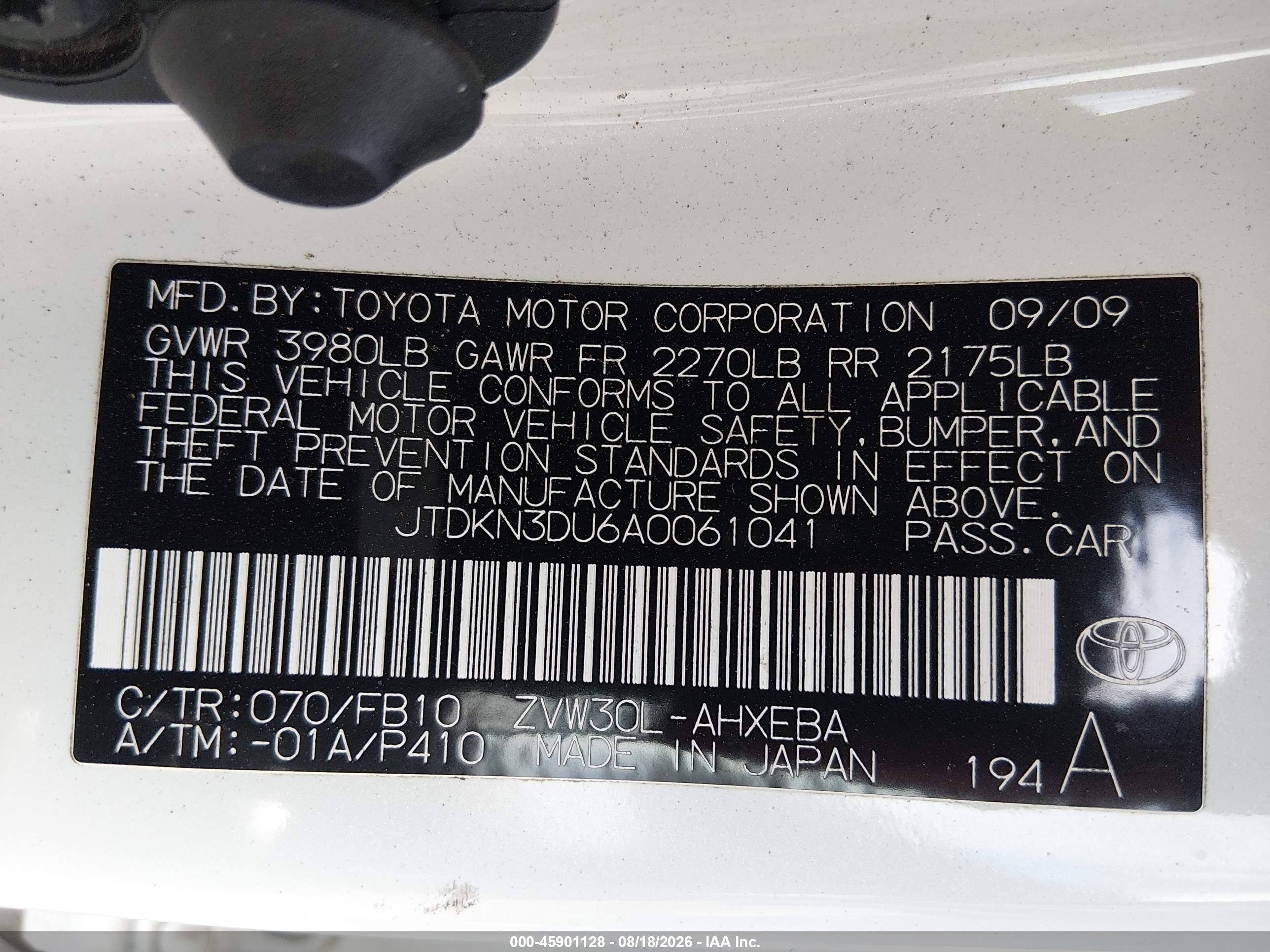 2010 Toyota Prius   White vin: JTDKN3DU6A0061041