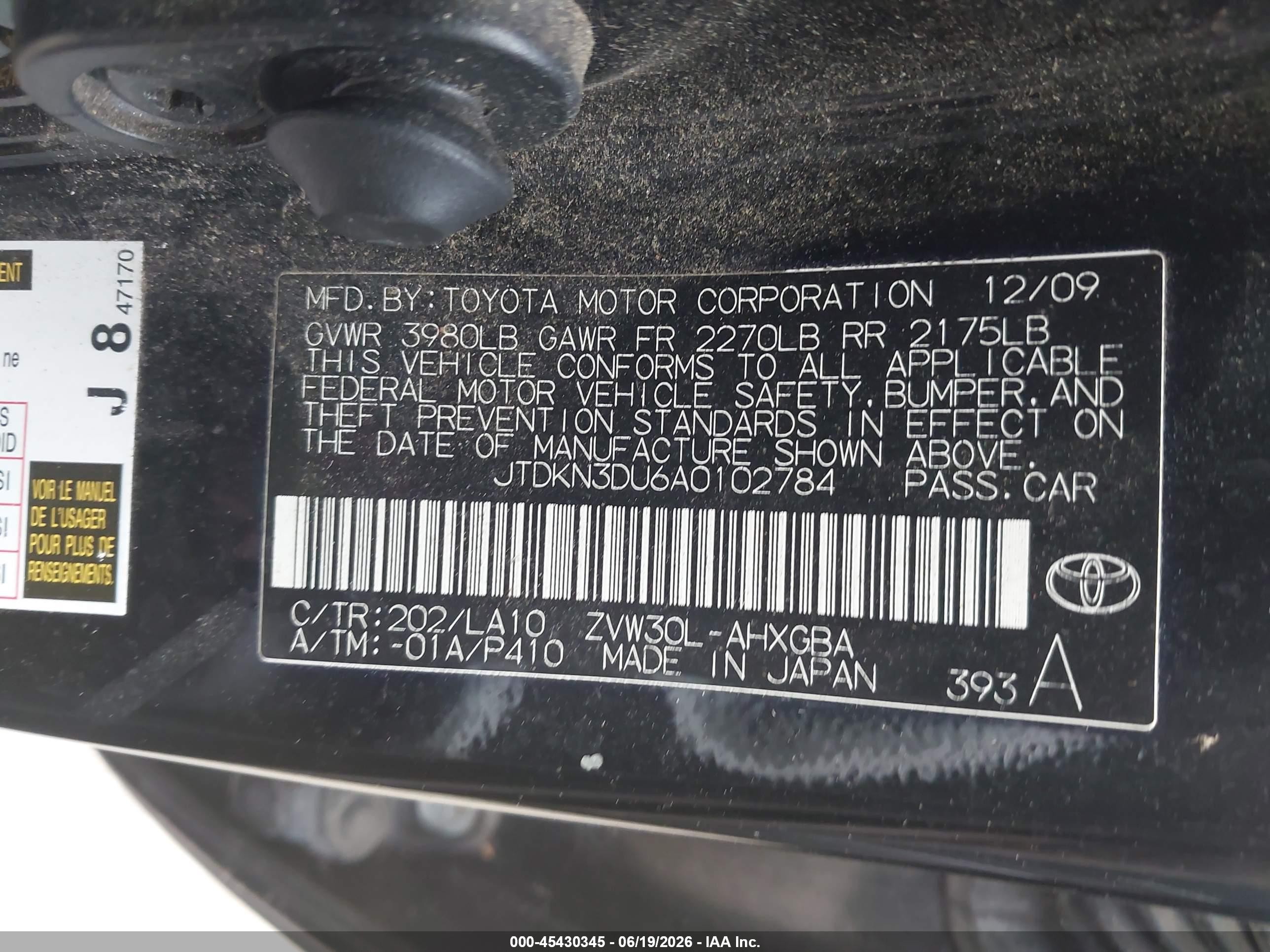 2010 Toyota Prius Iv Black vin: JTDKN3DU6A0102784
