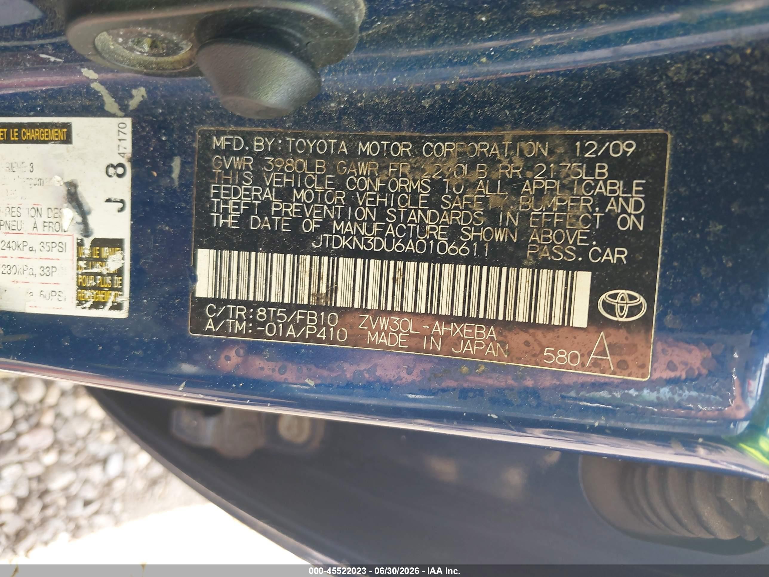 2010 Toyota Prius Ii Blue vin: JTDKN3DU6A0106611