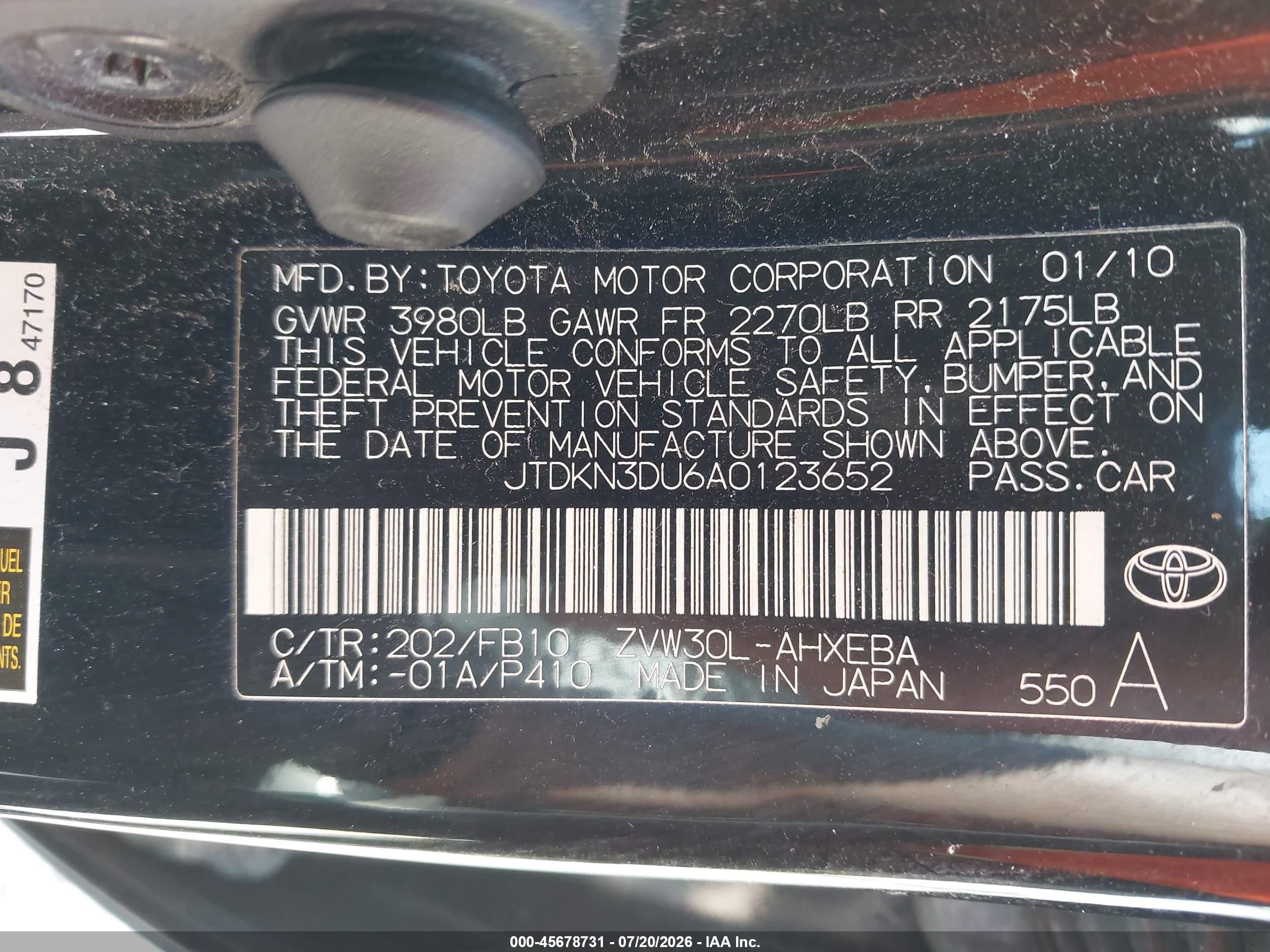 2010 Toyota Prius Iii Black vin: JTDKN3DU6A0123652
