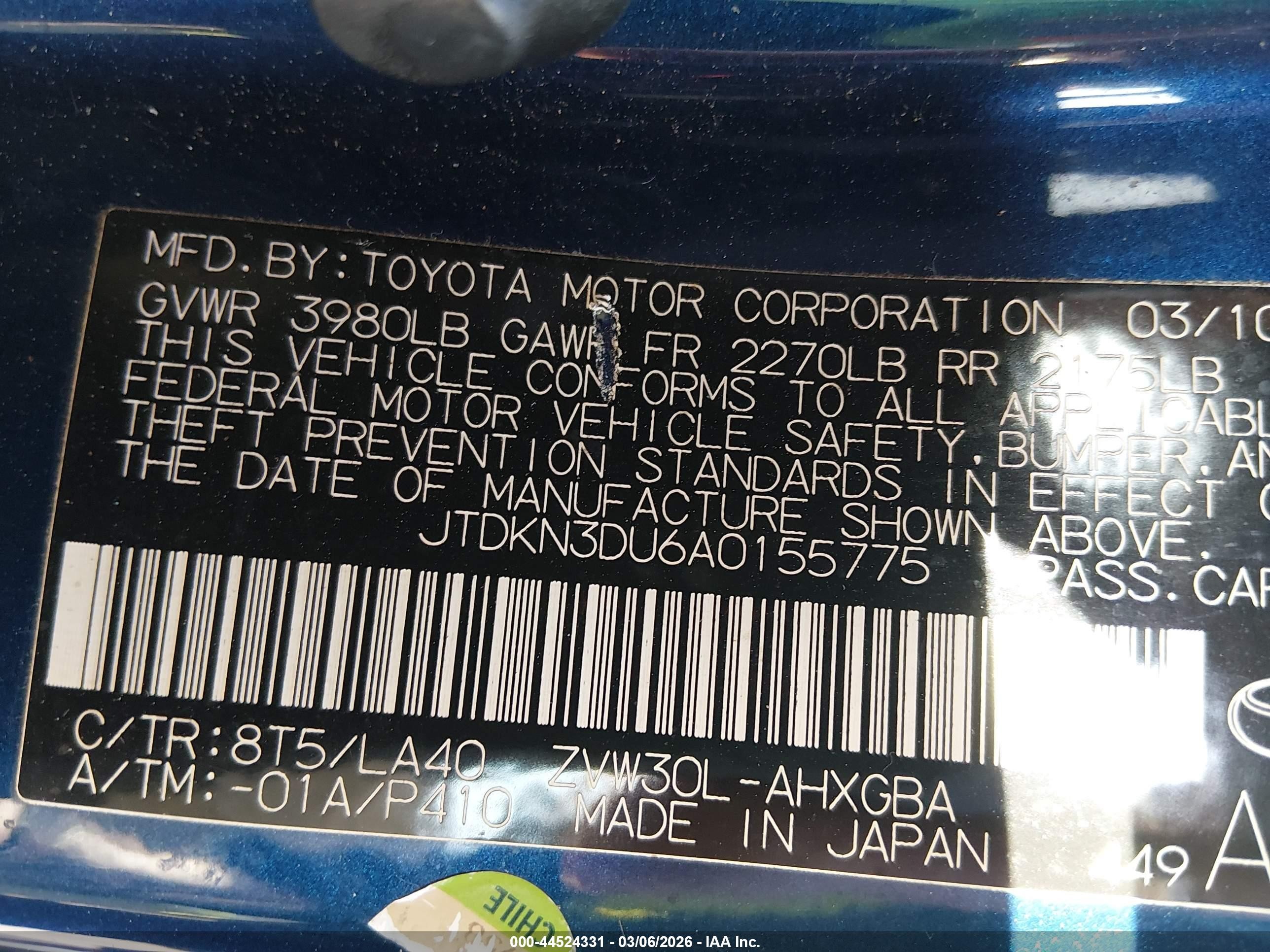 2010 Toyota Prius Iv Blue vin: JTDKN3DU6A0155775