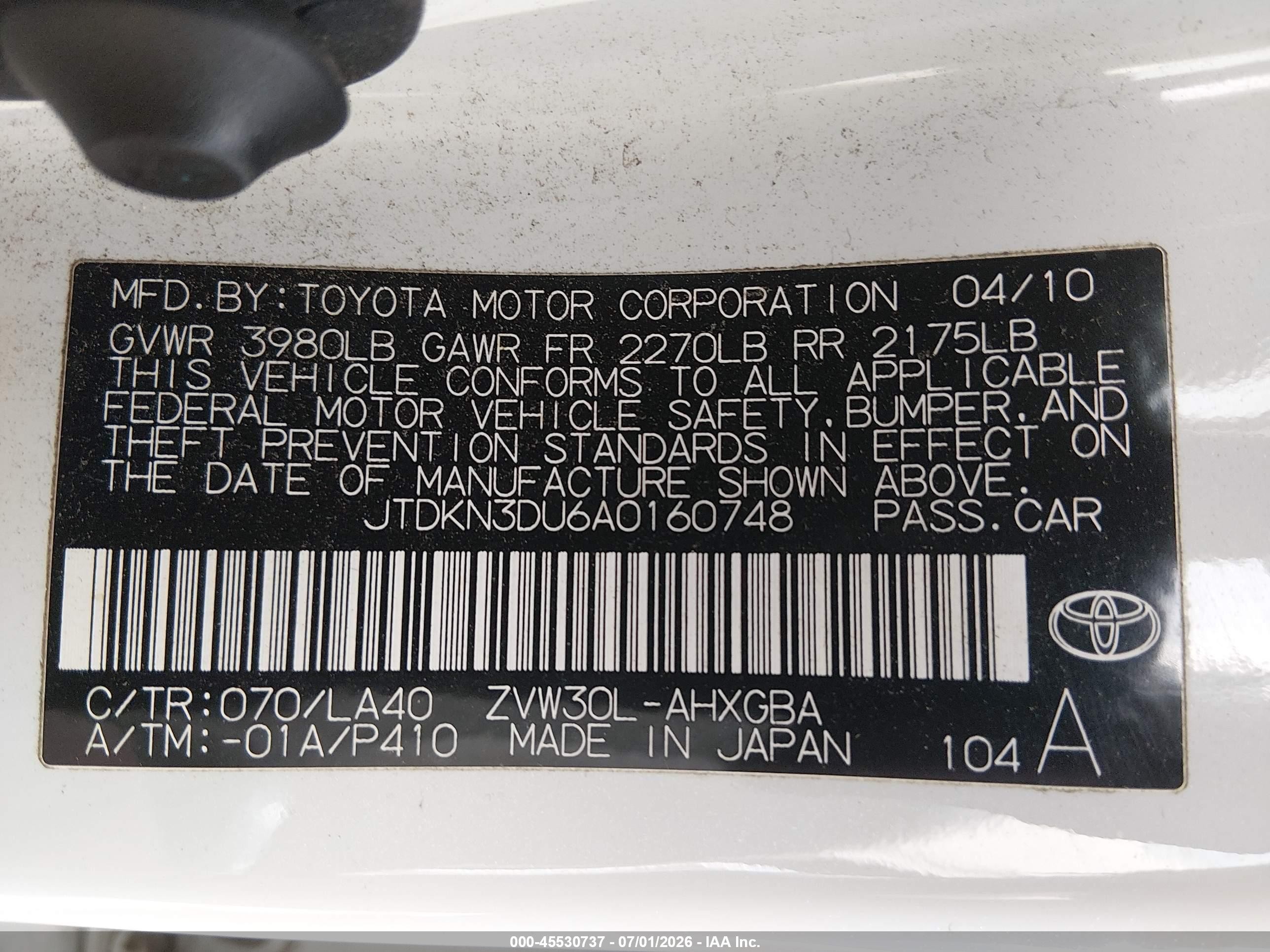 2010 Toyota Prius Iv White vin: JTDKN3DU6A0160748