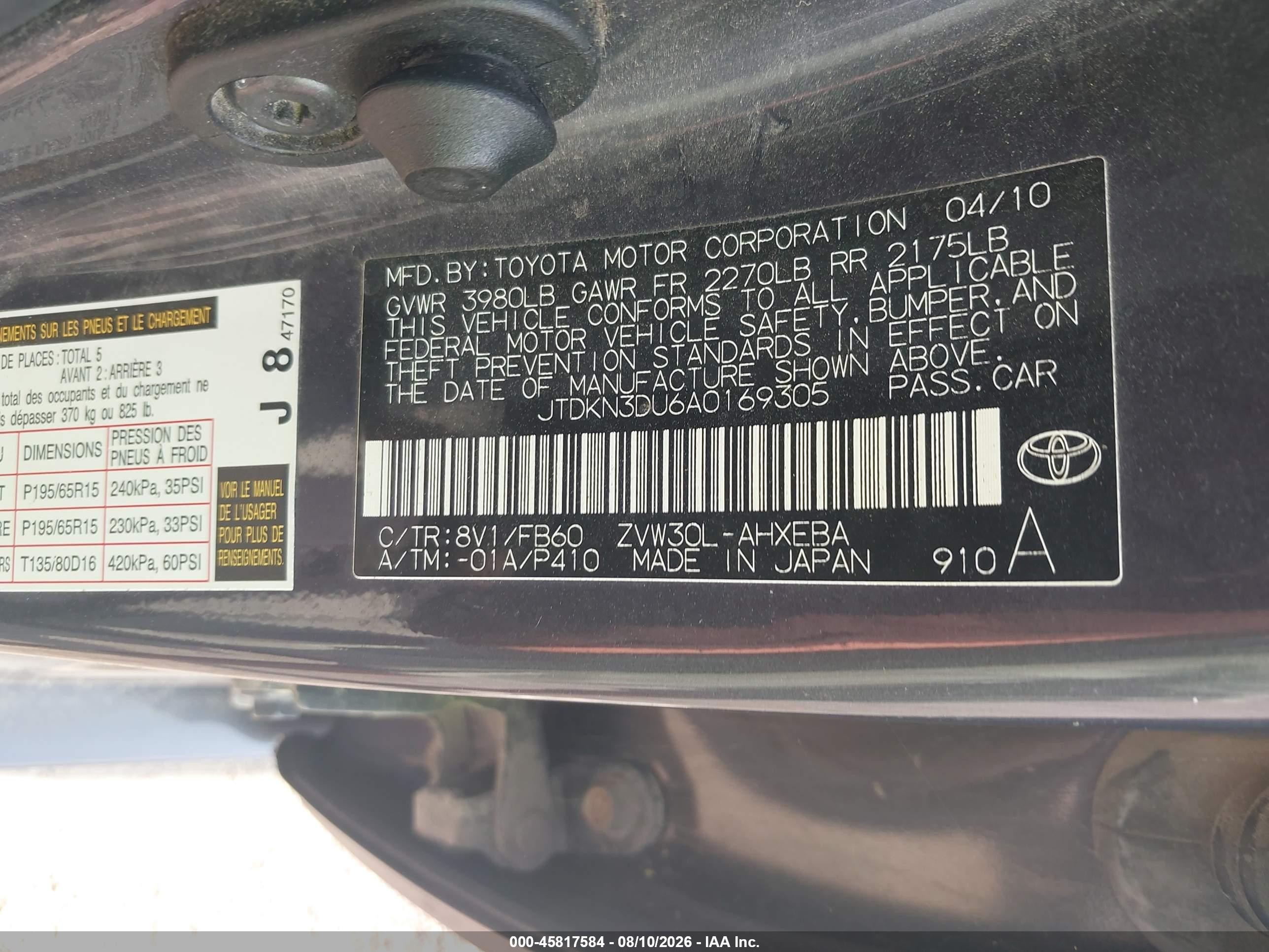 2010 Toyota Prius Iii Blue vin: JTDKN3DU6A0169305