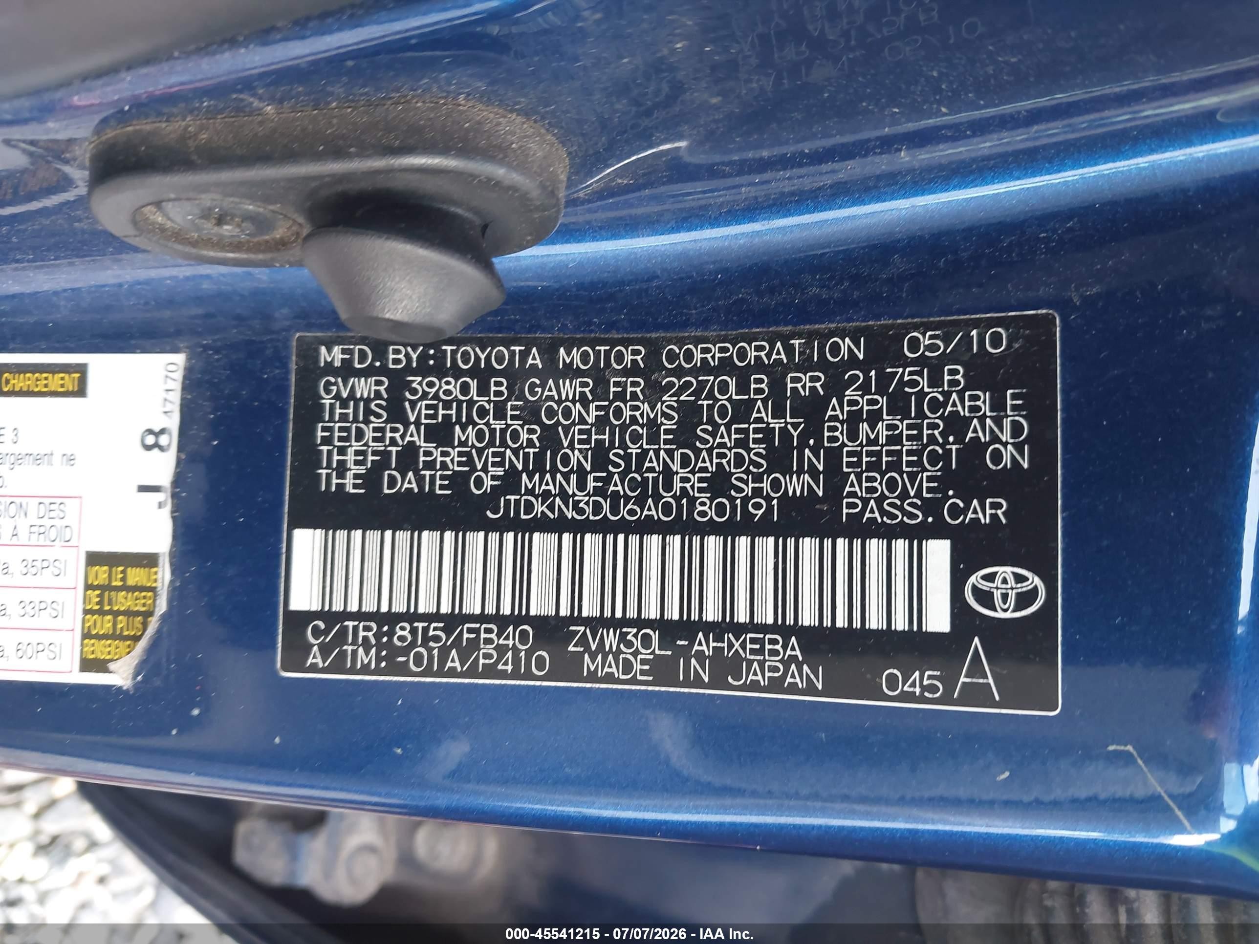 2010 Toyota Prius Iii Blue vin: JTDKN3DU6A0180191