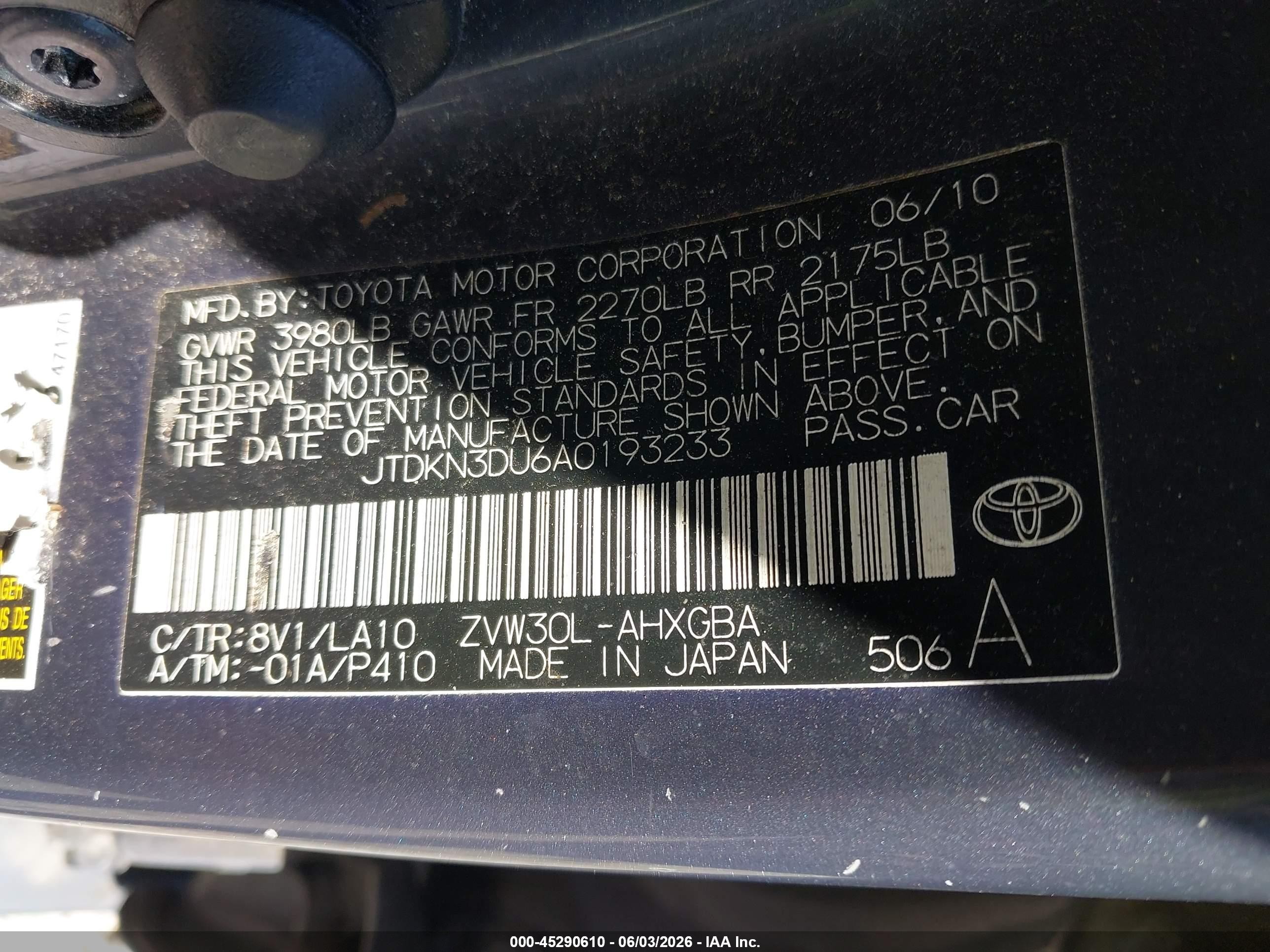 2010 Toyota Prius Iv Gray vin: JTDKN3DU6A0193233