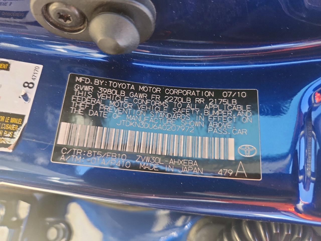 2010 Toyota Prius Iii Blue vin: JTDKN3DU6A0207972