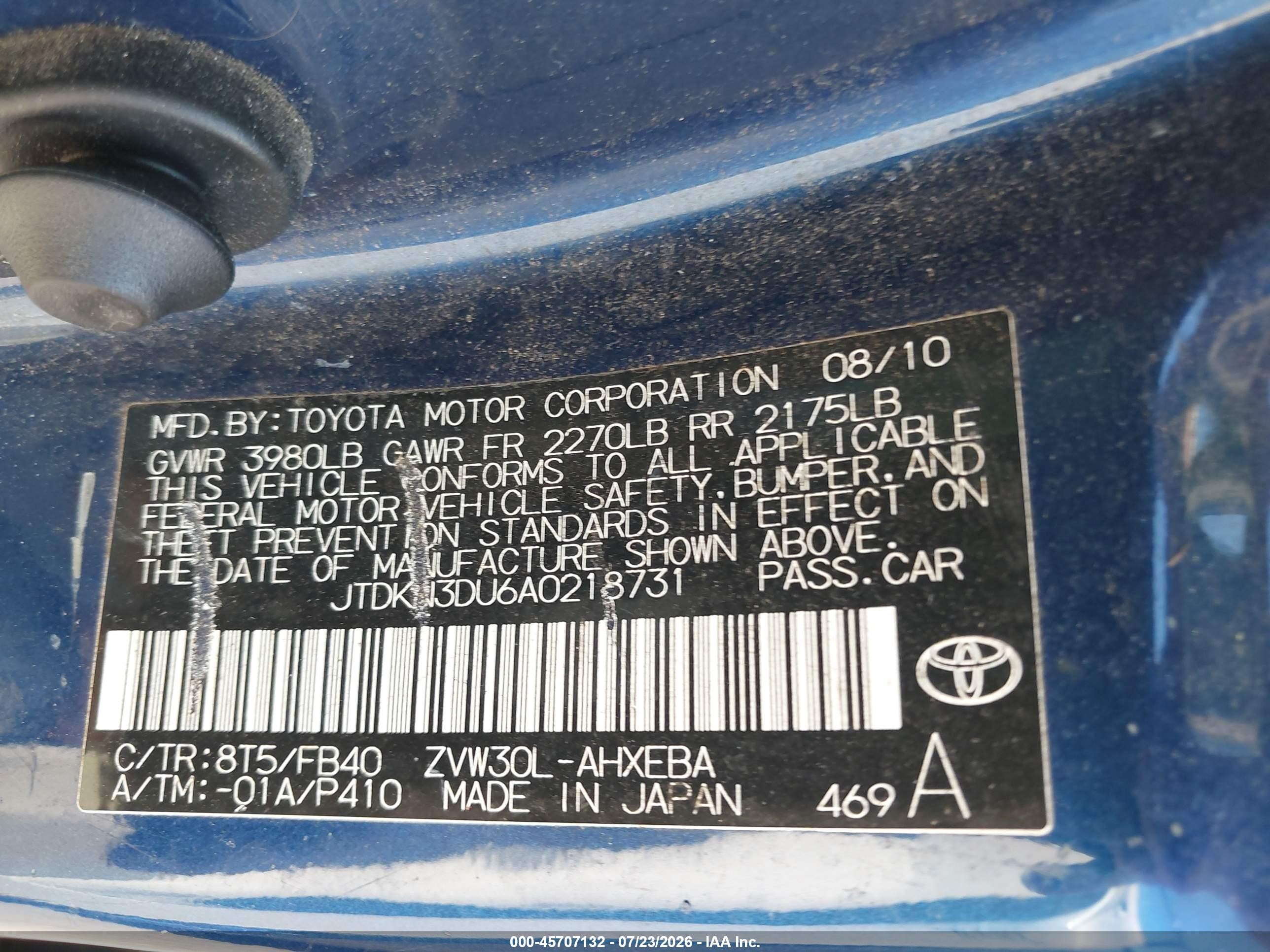 2010 Toyota Prius Ii Синий vin: JTDKN3DU6A0218731