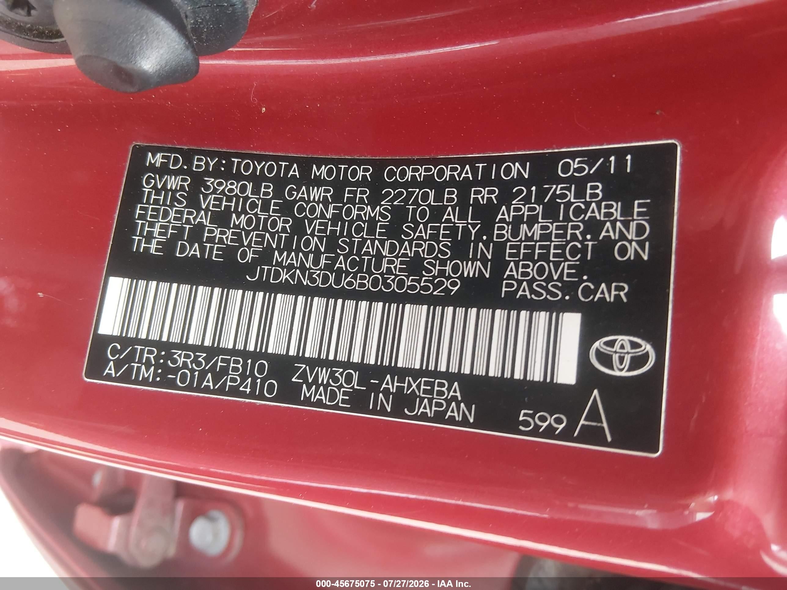 2011 Toyota Prius Two Red vin: JTDKN3DU6B0305529