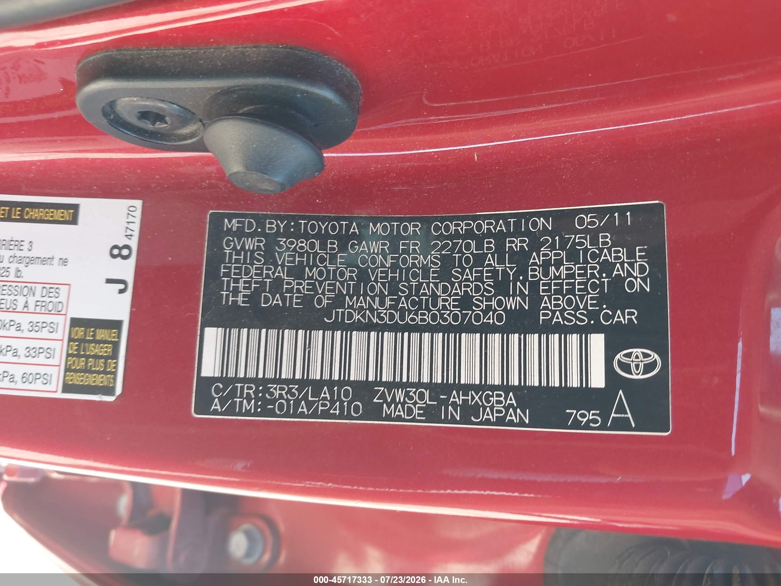 2011 Toyota Prius Four Red vin: JTDKN3DU6B0307040