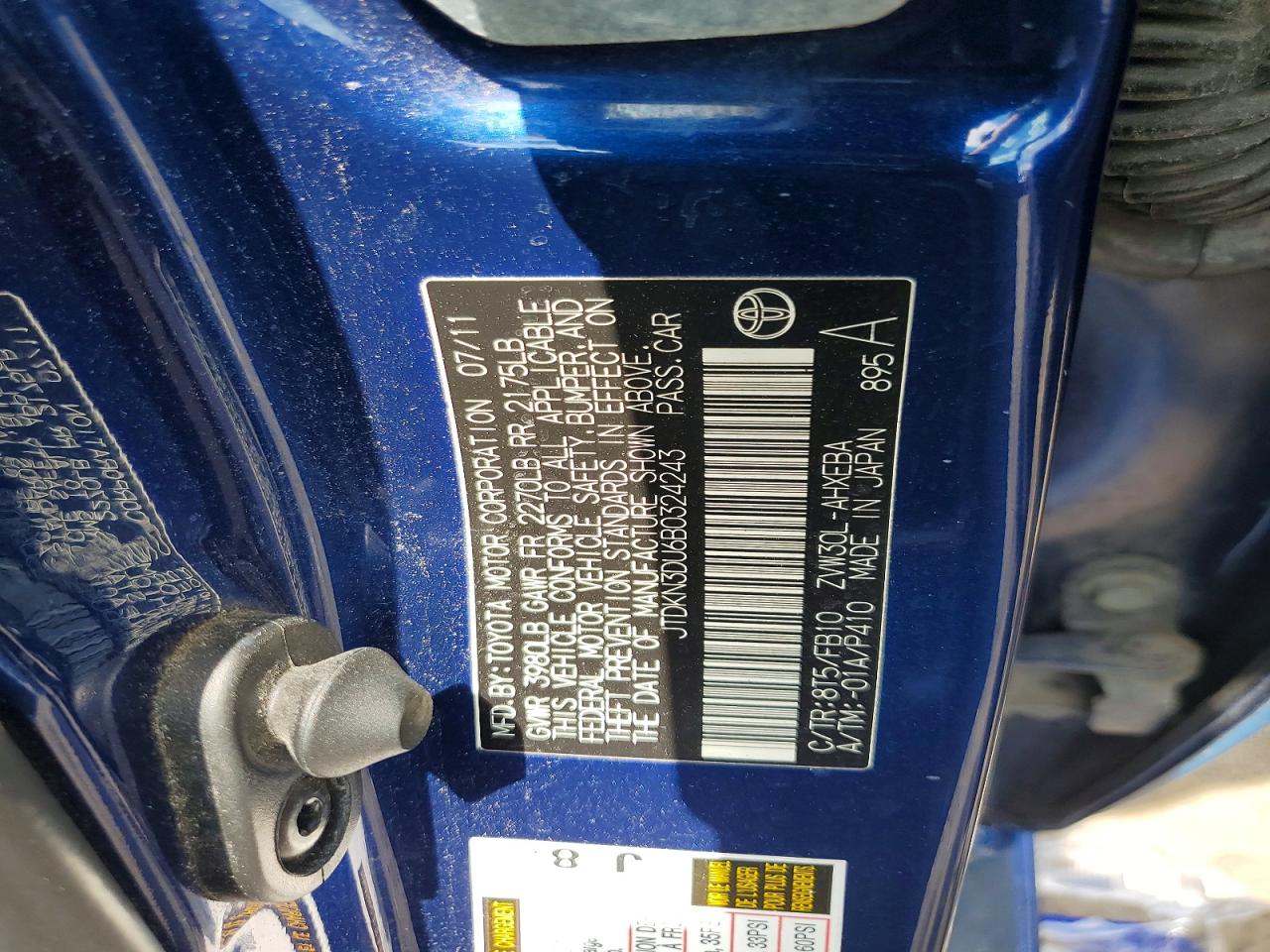 2011 Toyota Prius Two Blue vin: JTDKN3DU6B0324243