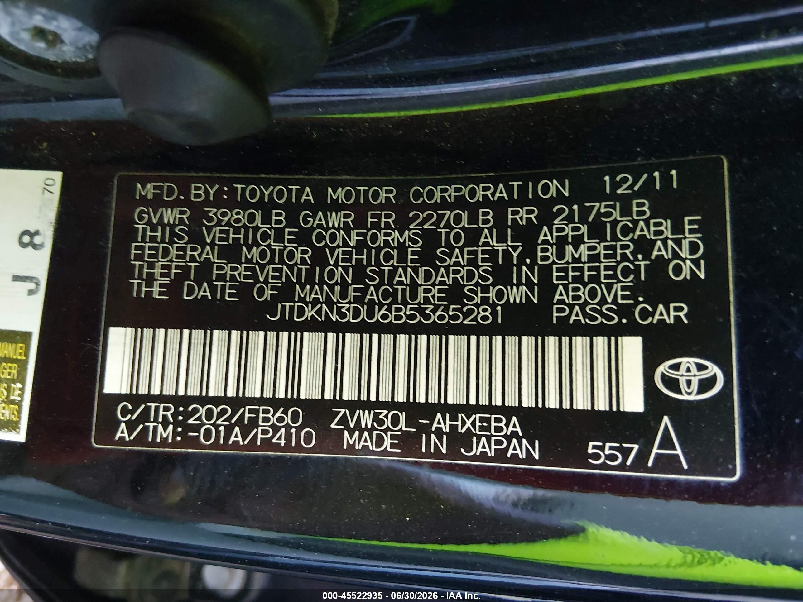 2011 Toyota Prius Two Black vin: JTDKN3DU6B5365281