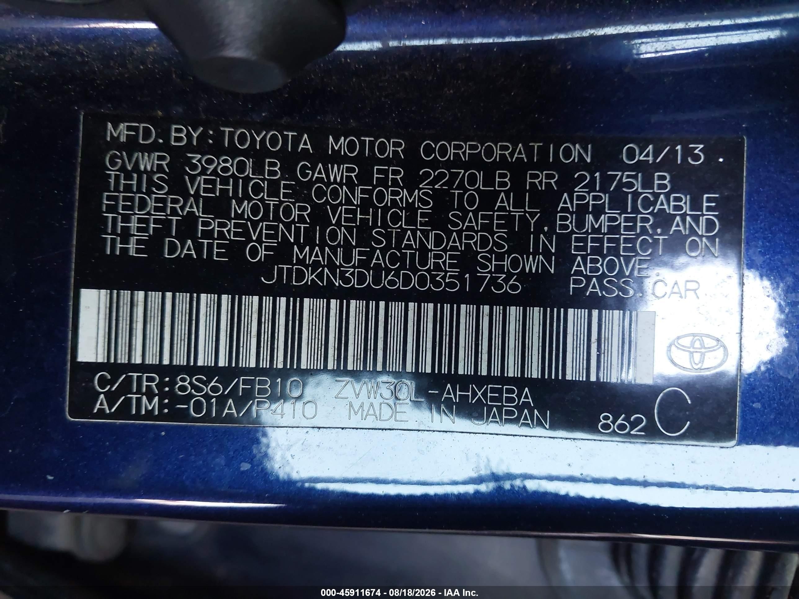 2013 Toyota Prius Two Blue vin: JTDKN3DU6D0351736