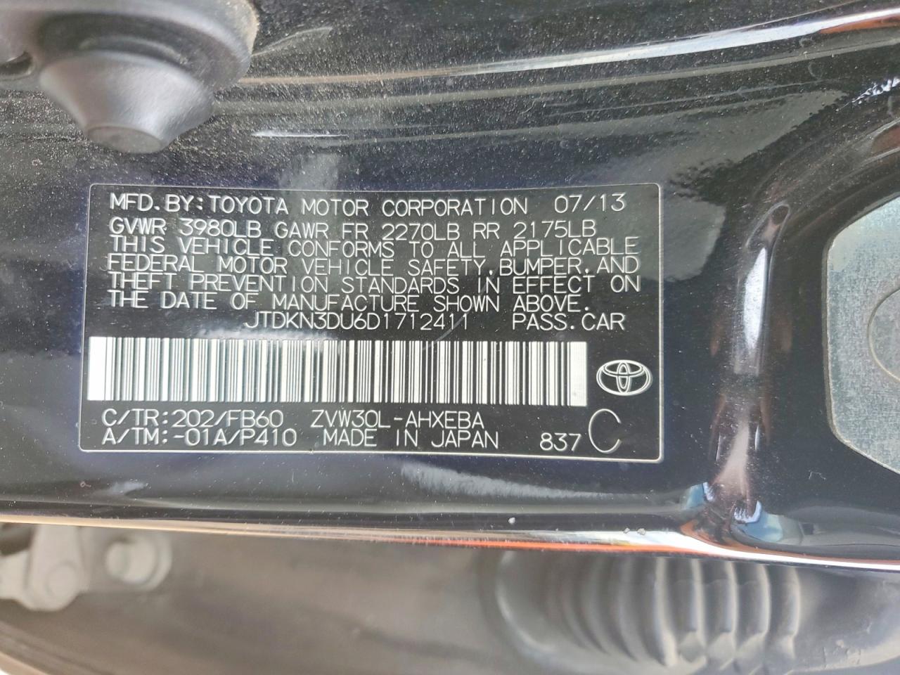 2013 Toyota Prius Two Black vin: JTDKN3DU6D1712411