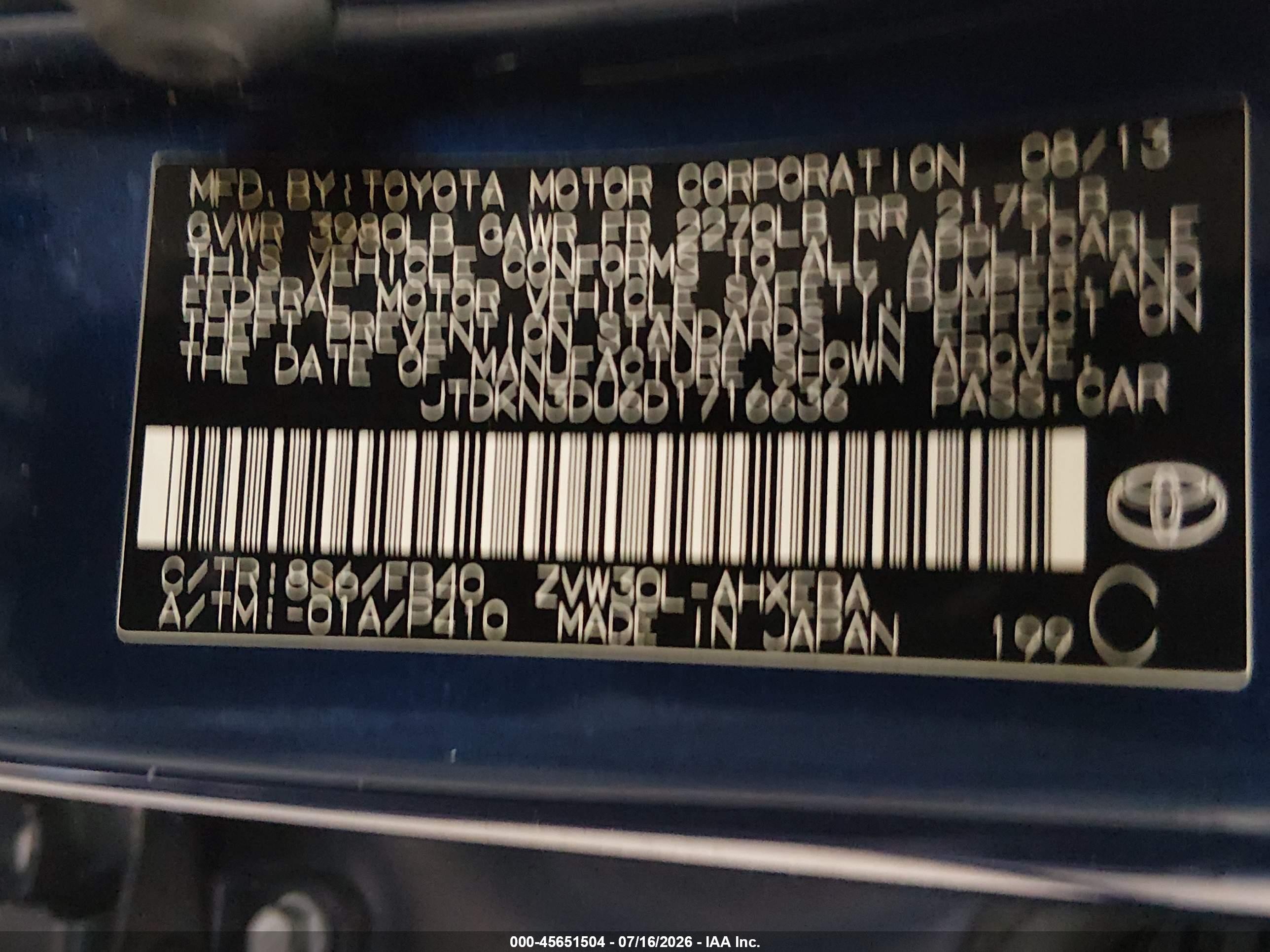 2013 Toyota Prius Three Blue vin: JTDKN3DU6D1716636