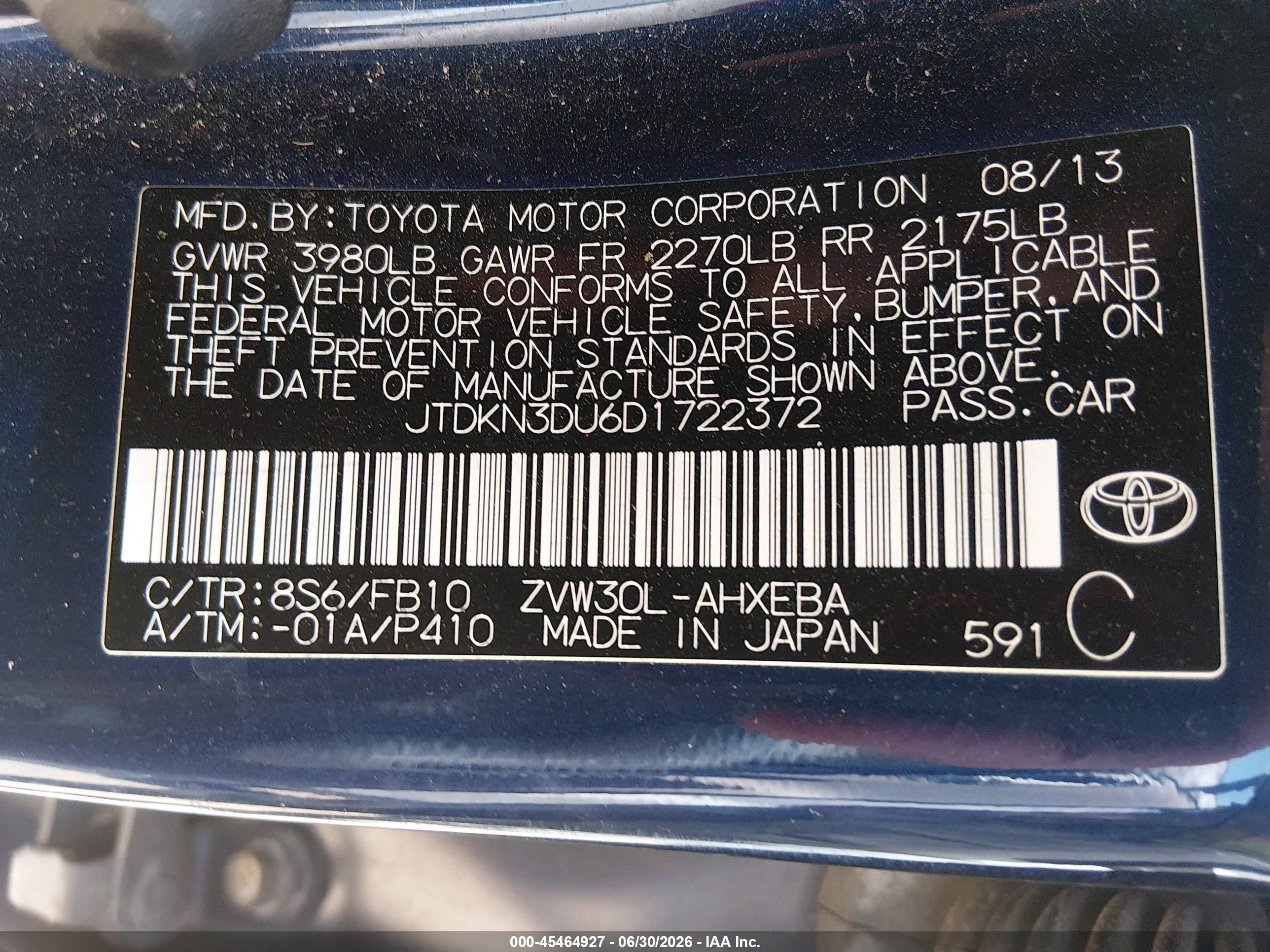 2013 Toyota Prius Two Blue vin: JTDKN3DU6D1722372