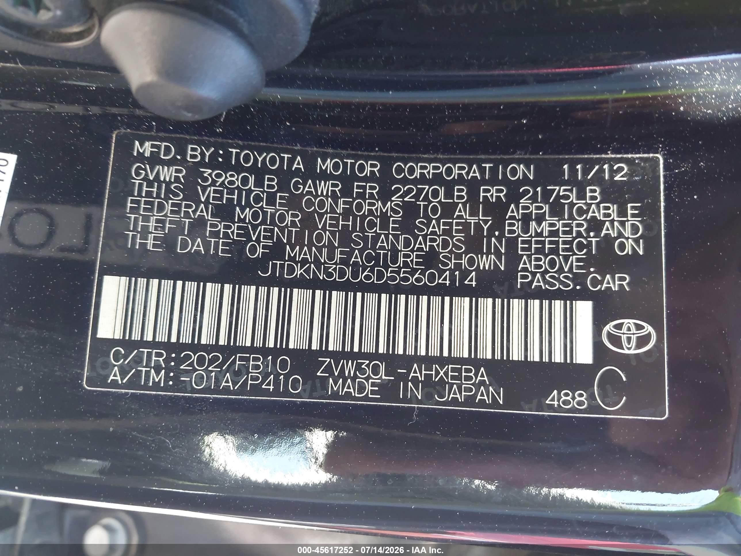 2013 Toyota Prius Two Black vin: JTDKN3DU6D5560414