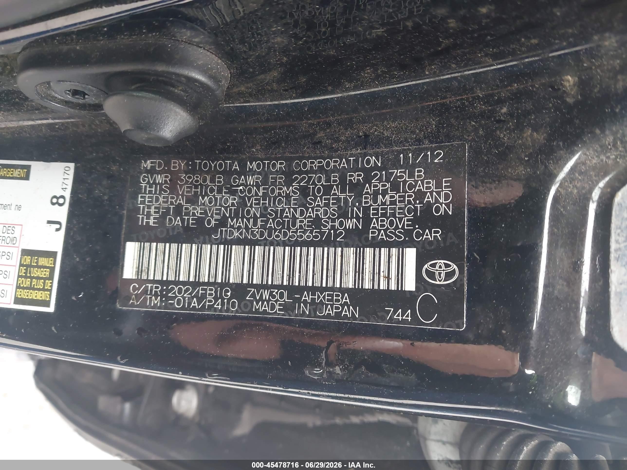 2013 Toyota Prius Three Black vin: JTDKN3DU6D5565712
