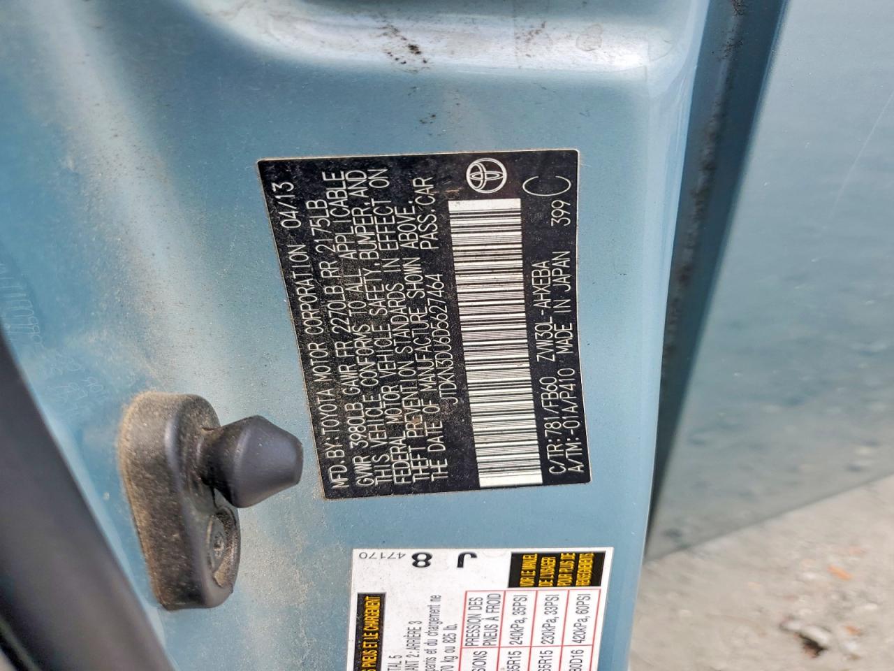 2013 Toyota Prius Two Turquoise vin: JTDKN3DU6D5627464