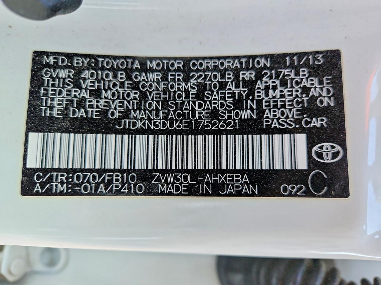 2014 Toyota Prius Two White vin: JTDKN3DU6E1752621