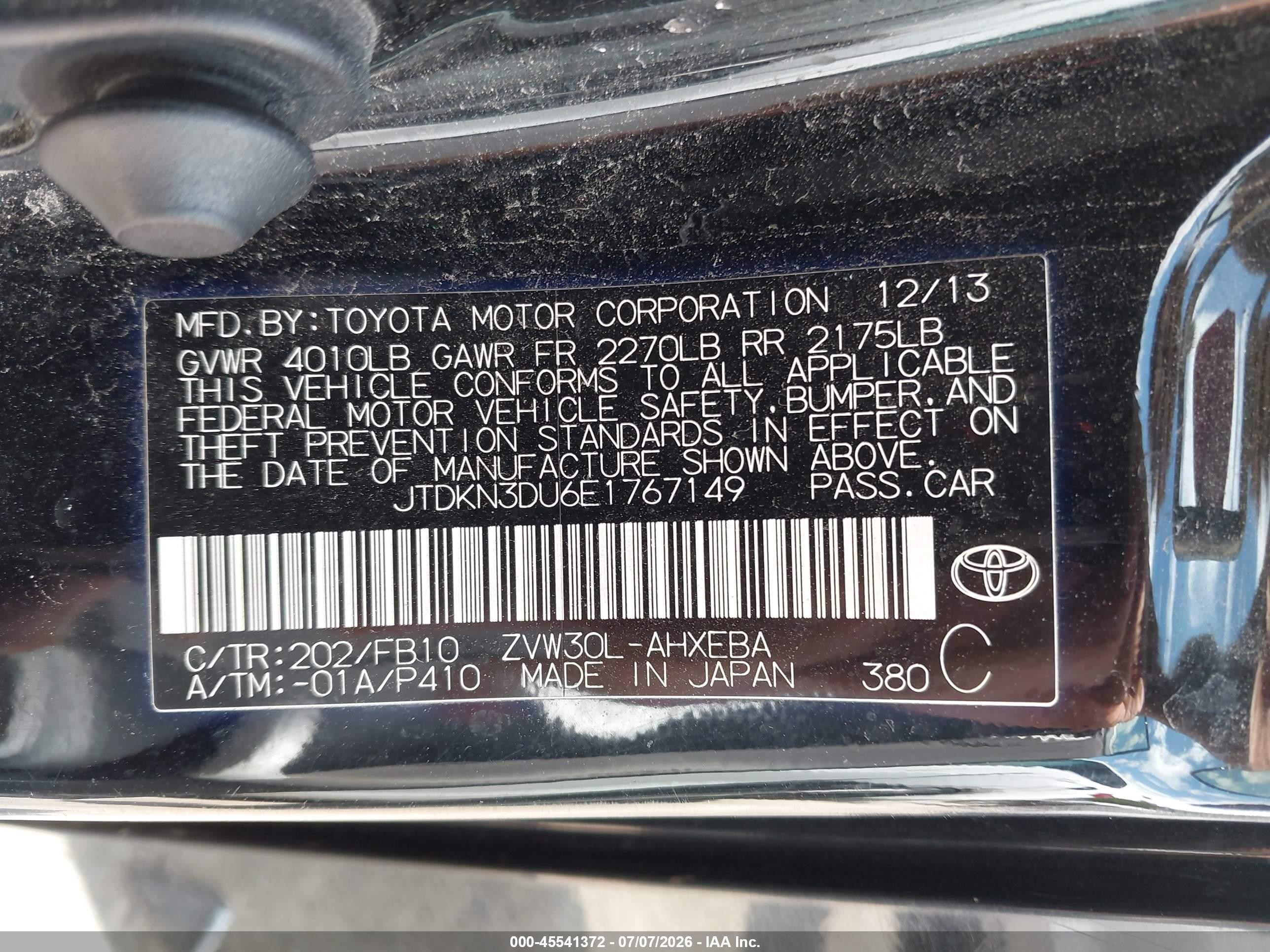2014 Toyota Prius Two Black vin: JTDKN3DU6E1767149