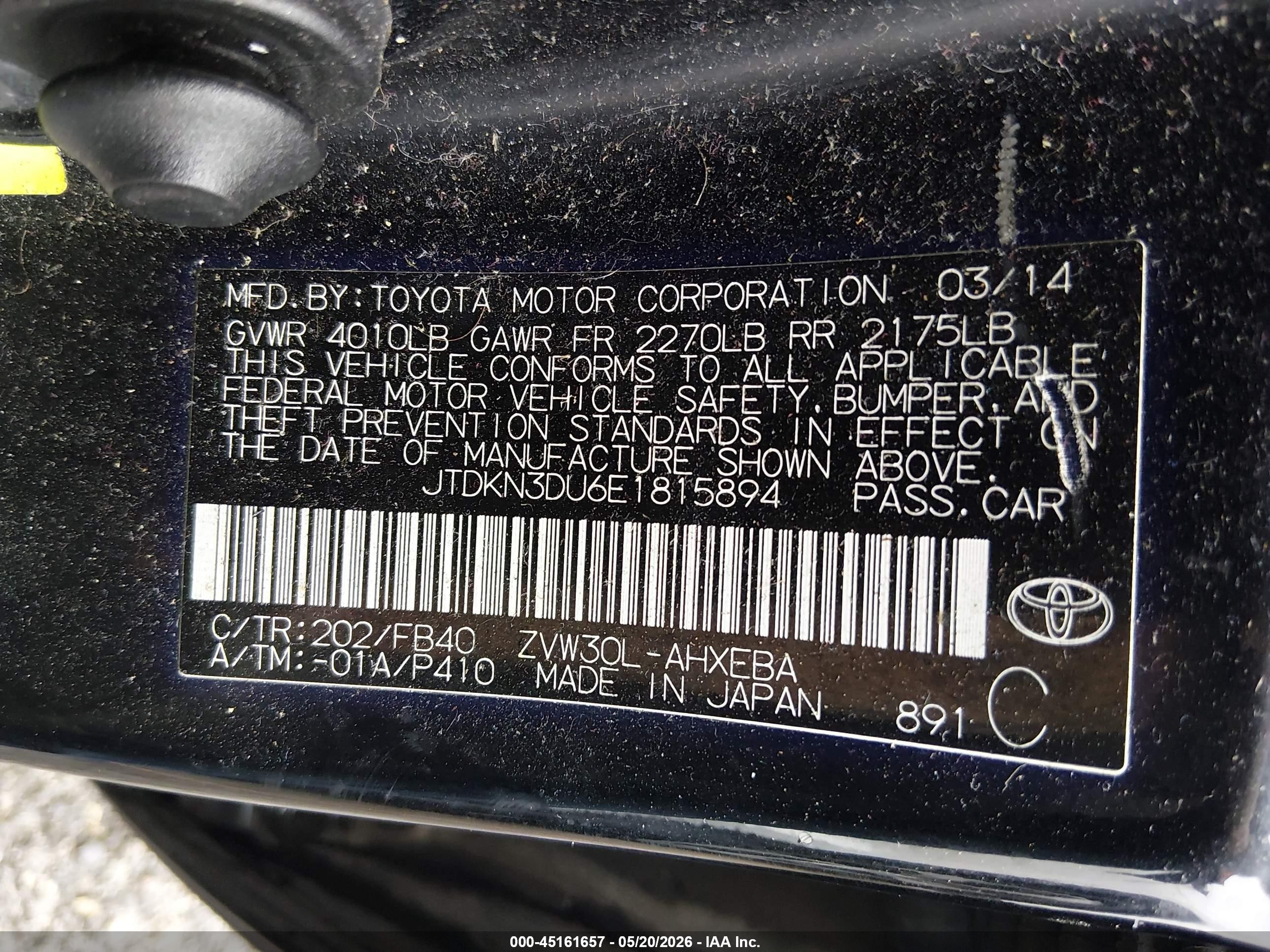 2014 Toyota Prius Two Black vin: JTDKN3DU6E1815894
