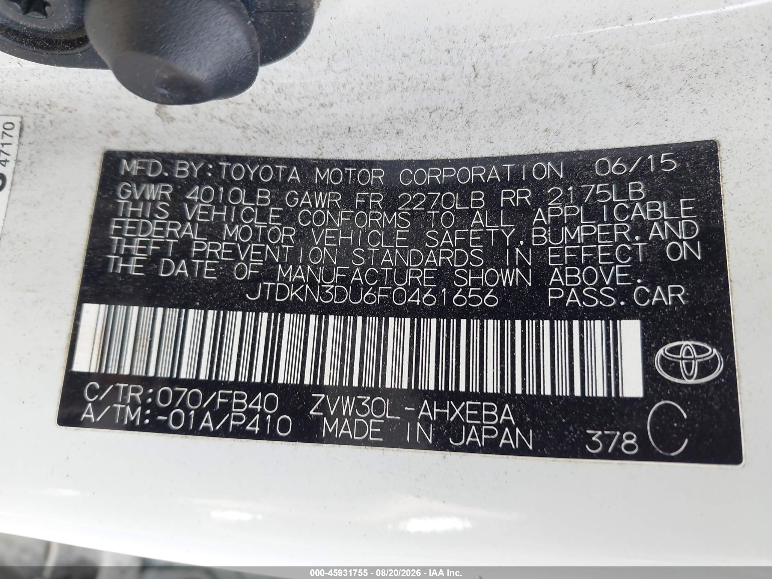 2015 Toyota Prius Two White vin: JTDKN3DU6F0461656