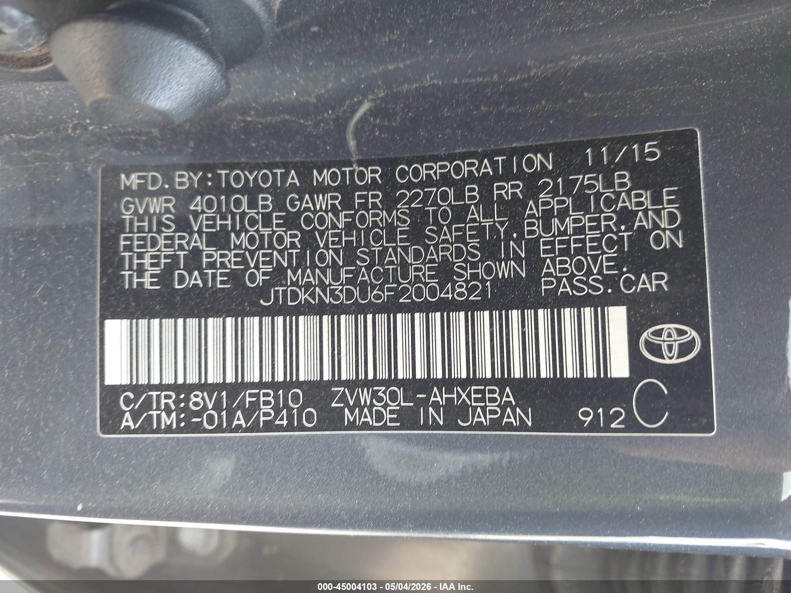 2015 Toyota Prius Two Gray vin: JTDKN3DU6F2004821