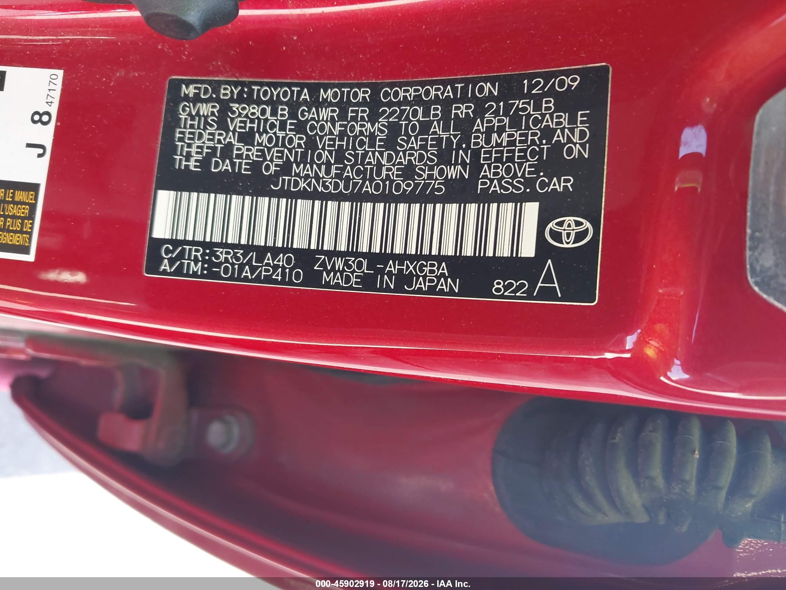2010 Toyota Prius Iv Red vin: JTDKN3DU7A0109775