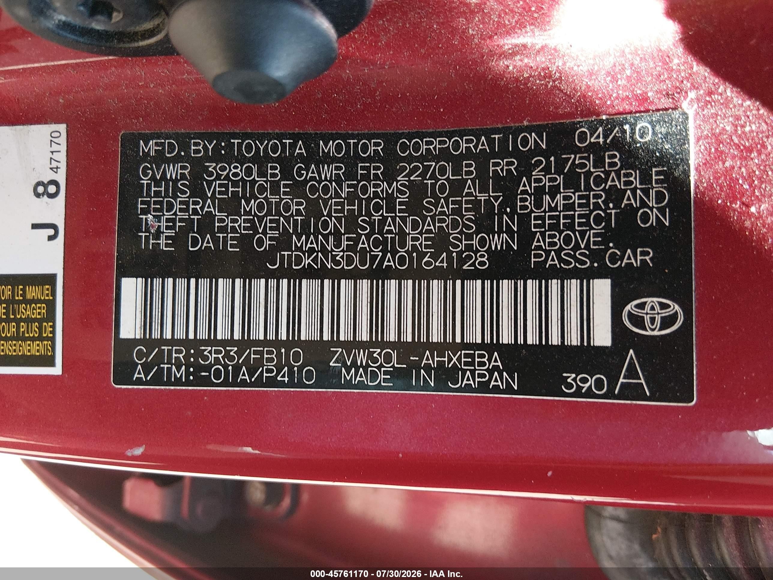 2010 Toyota Prius Iii Red vin: JTDKN3DU7A0164128