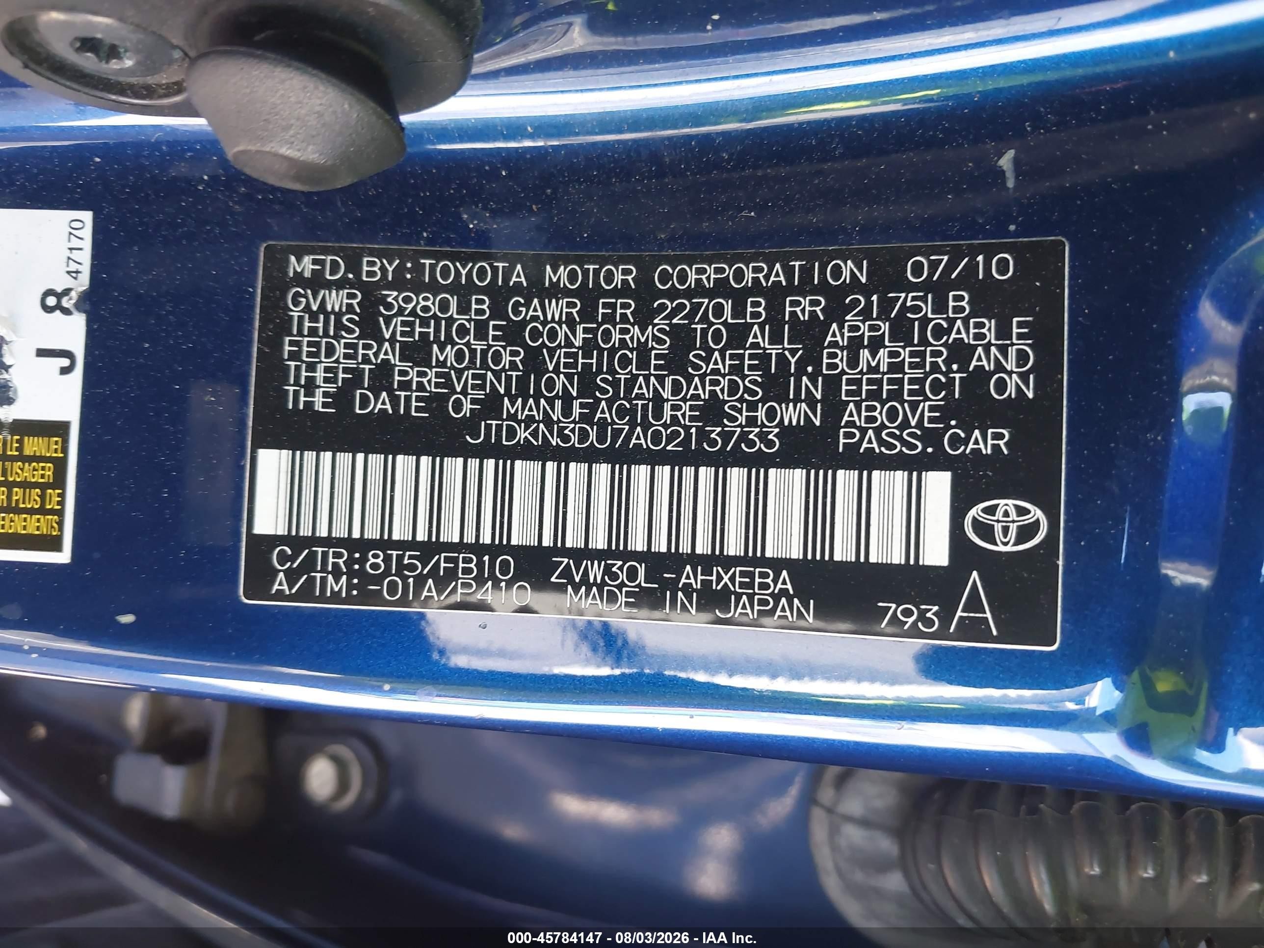 2010 Toyota Prius Ii Blue vin: JTDKN3DU7A0213733