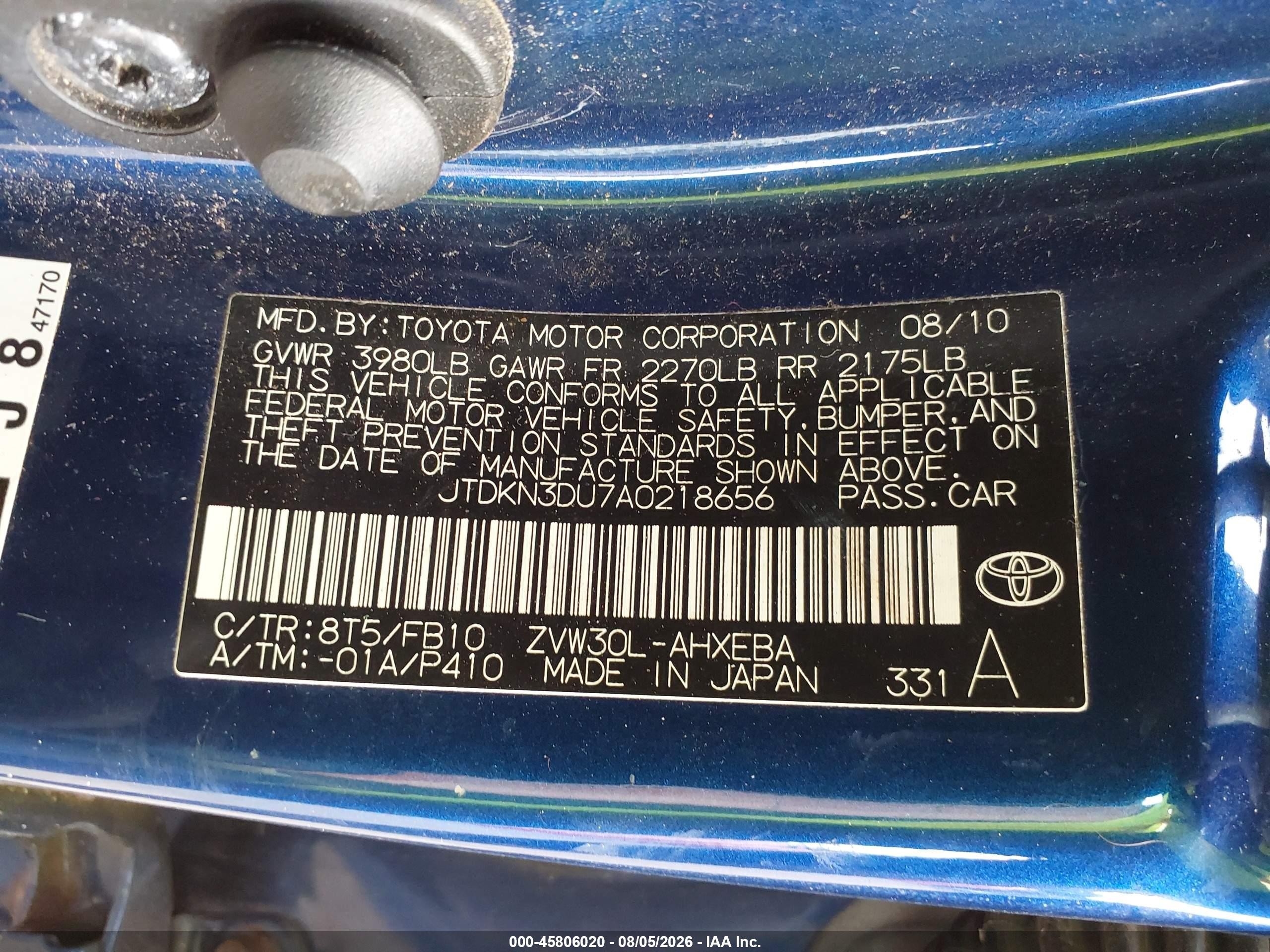 2010 Toyota Prius Ii Blue vin: JTDKN3DU7A0218656