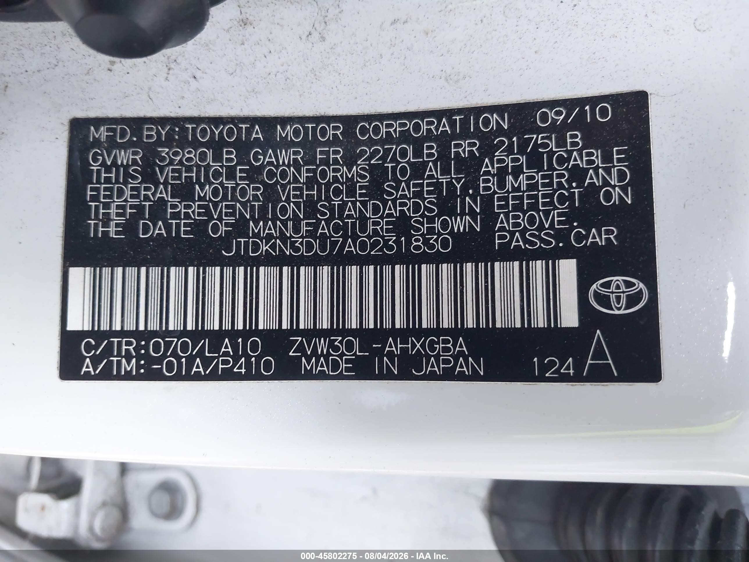 2010 Toyota Prius Iv White vin: JTDKN3DU7A0231830