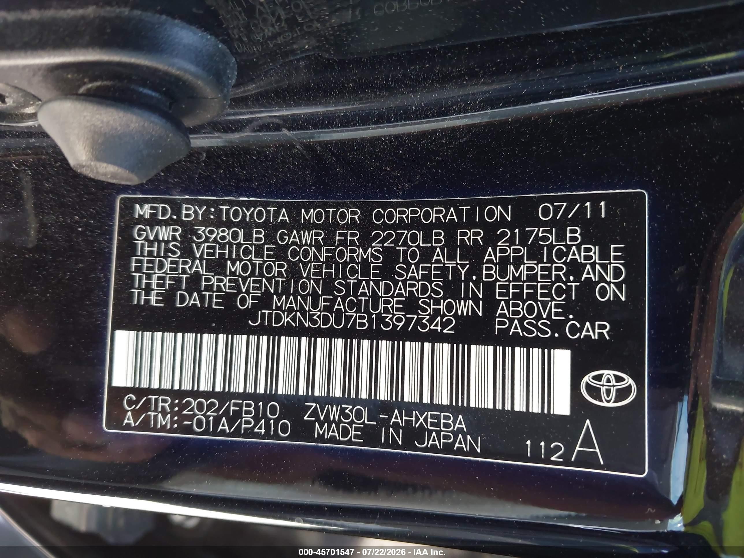 2011 Toyota Prius Three Black vin: JTDKN3DU7B1397342