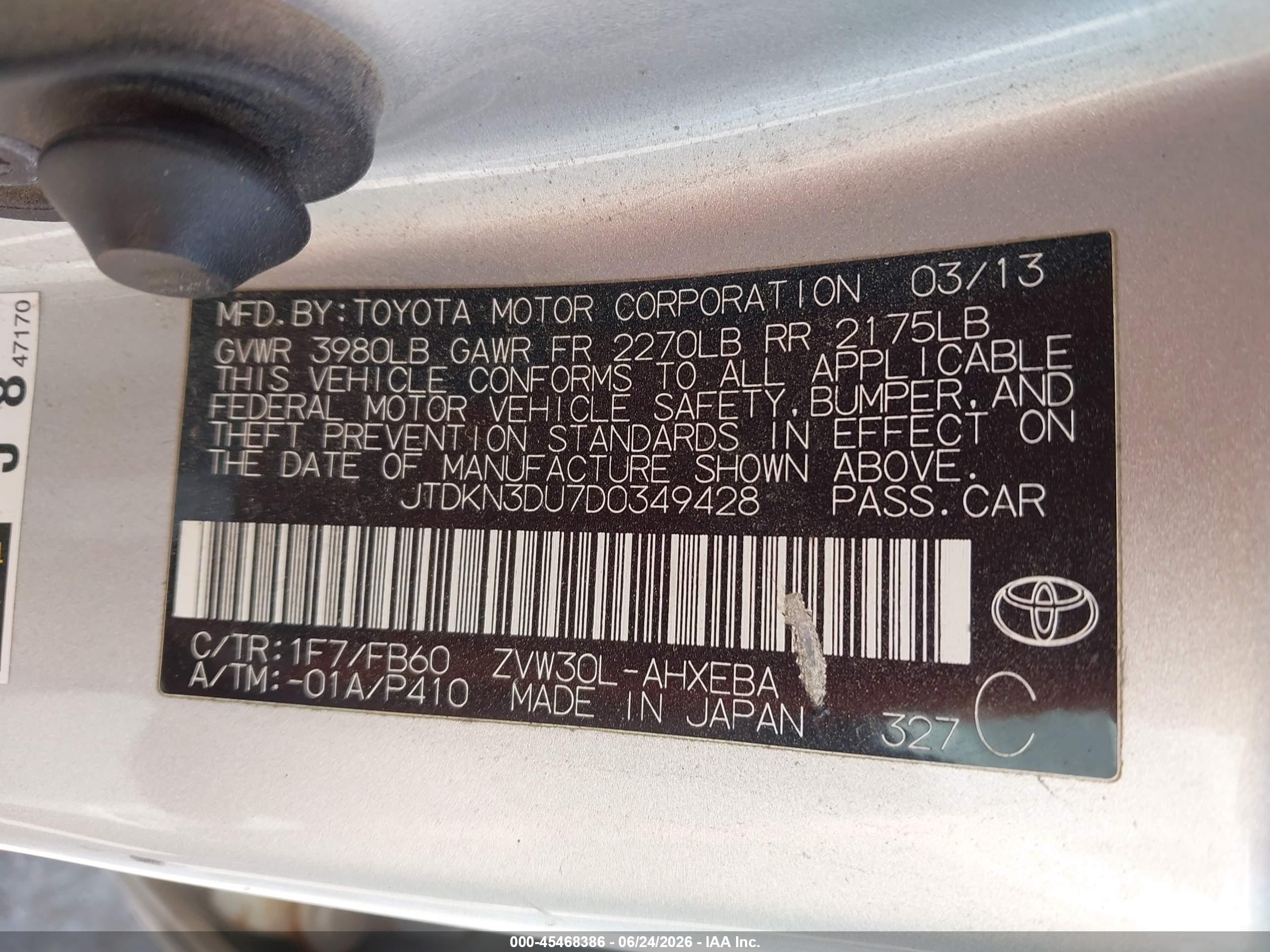 2013 Toyota Prius Two Silver vin: JTDKN3DU7D0349428
