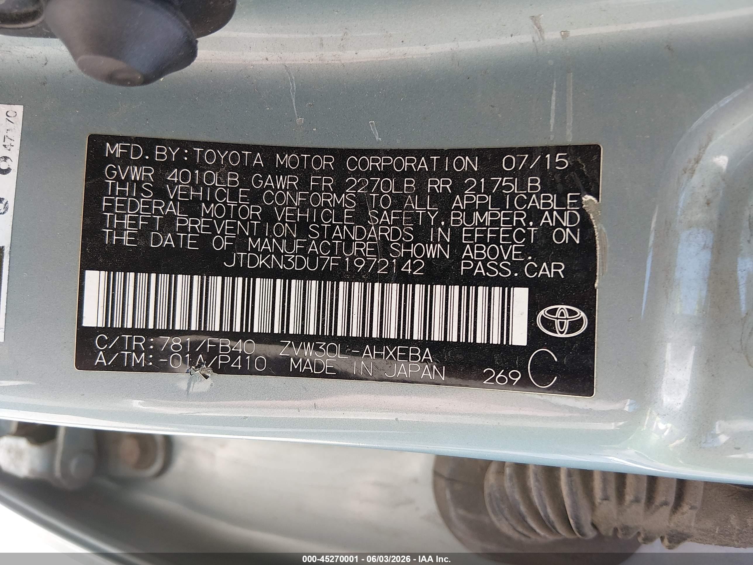 2015 Toyota Prius Three Teal vin: JTDKN3DU7F1972142