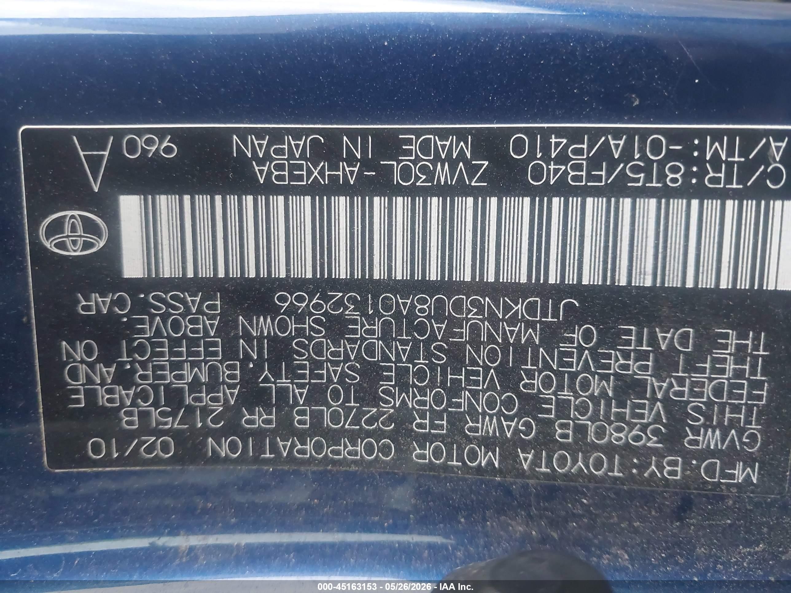 2010 Toyota Prius Ii Blue vin: JTDKN3DU8A0132966