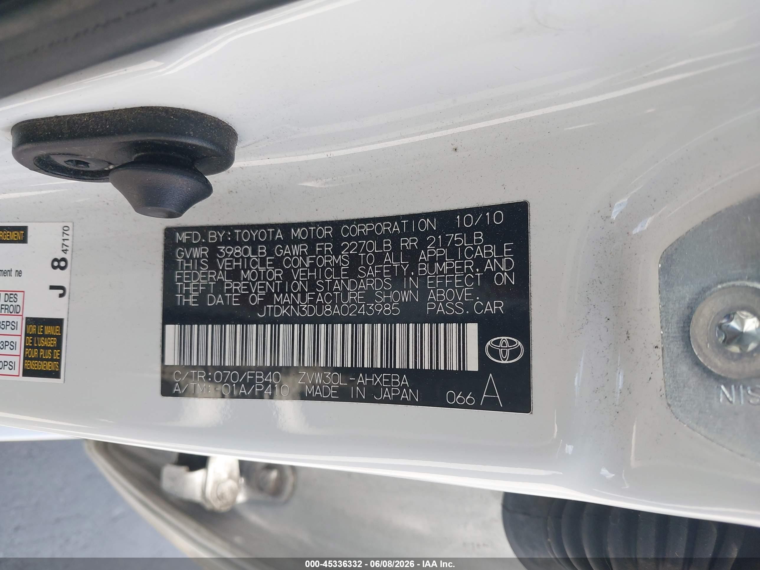 2010 Toyota Prius Iii White vin: JTDKN3DU8A0243985