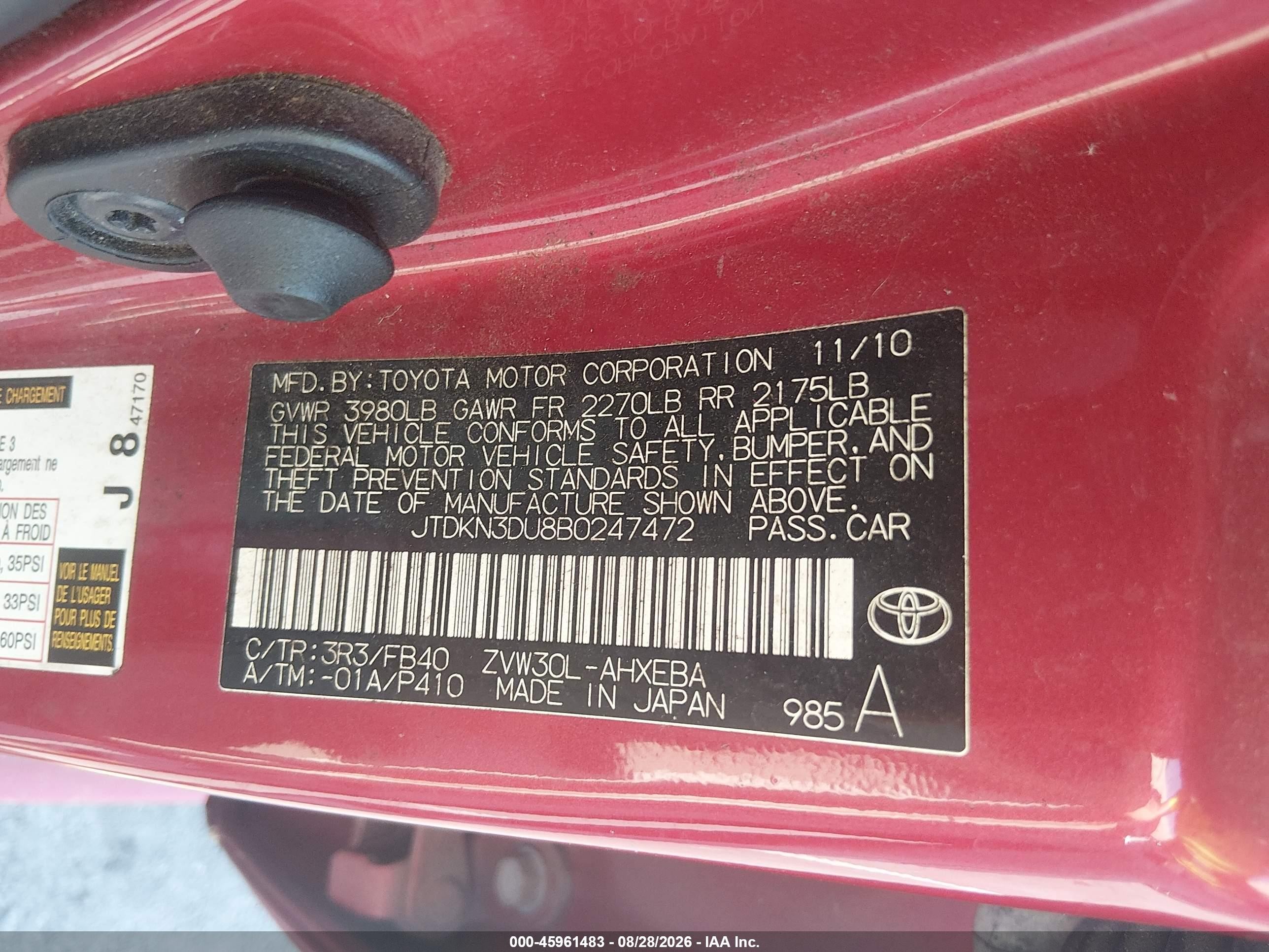 2011 Toyota Prius Two Red vin: JTDKN3DU8B0247472