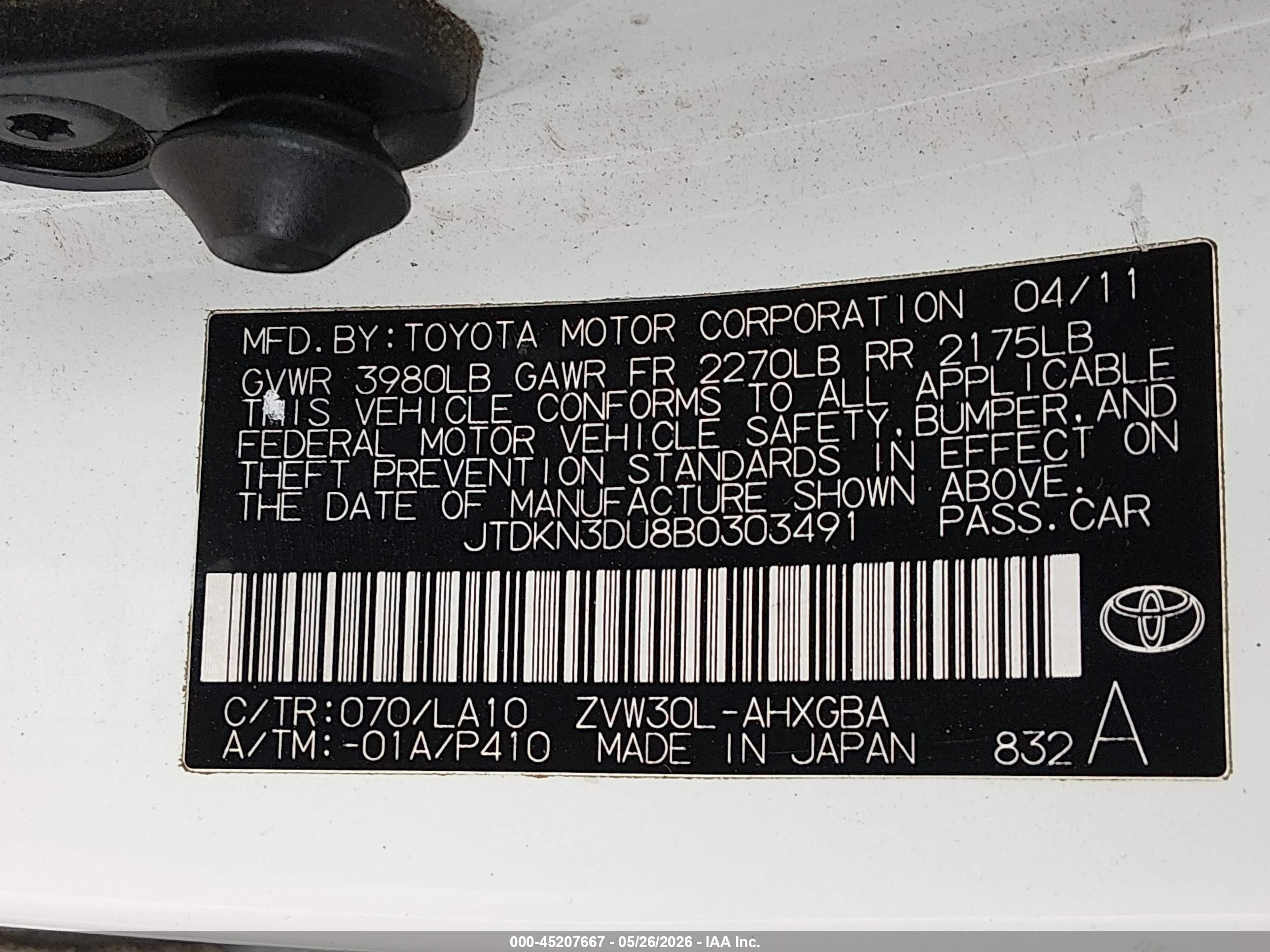 2011 Toyota Prius Four White vin: JTDKN3DU8B0303491