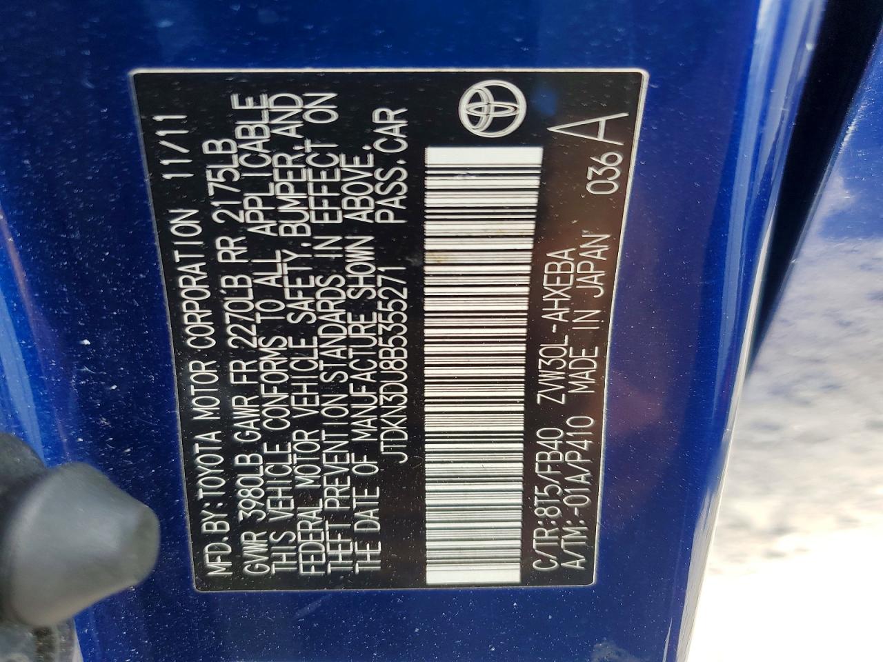 2011 Toyota Prius Two Blue vin: JTDKN3DU8B5355271