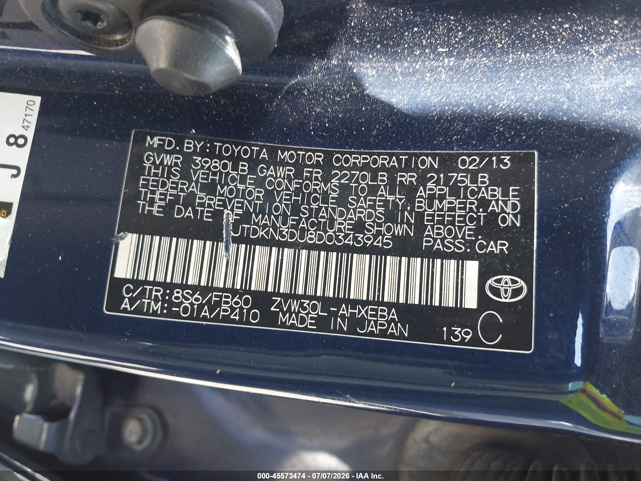 2013 Toyota Prius Two Blue vin: JTDKN3DU8D0343945