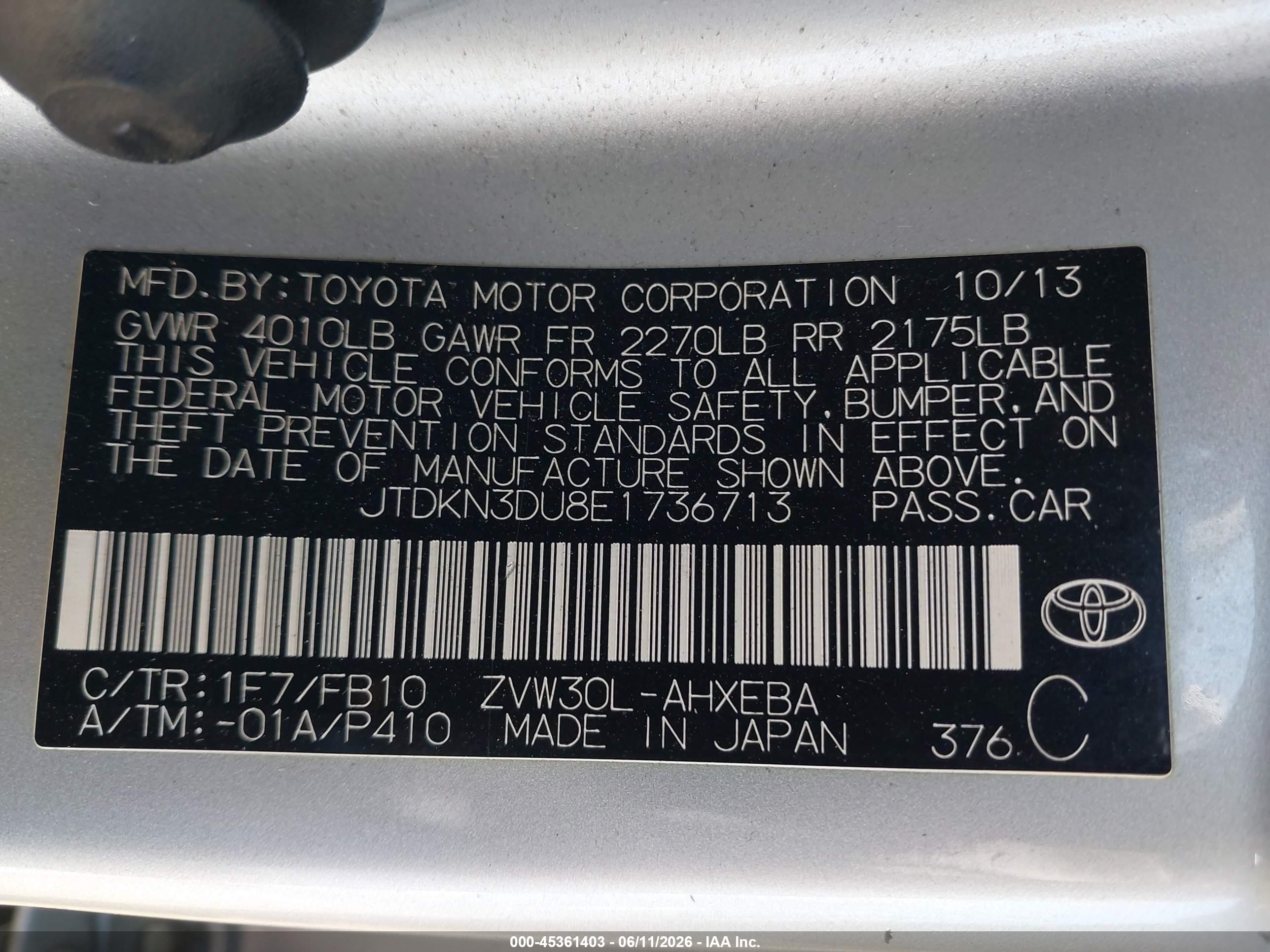 2014 Toyota Prius Two Серебряный vin: JTDKN3DU8E1736713