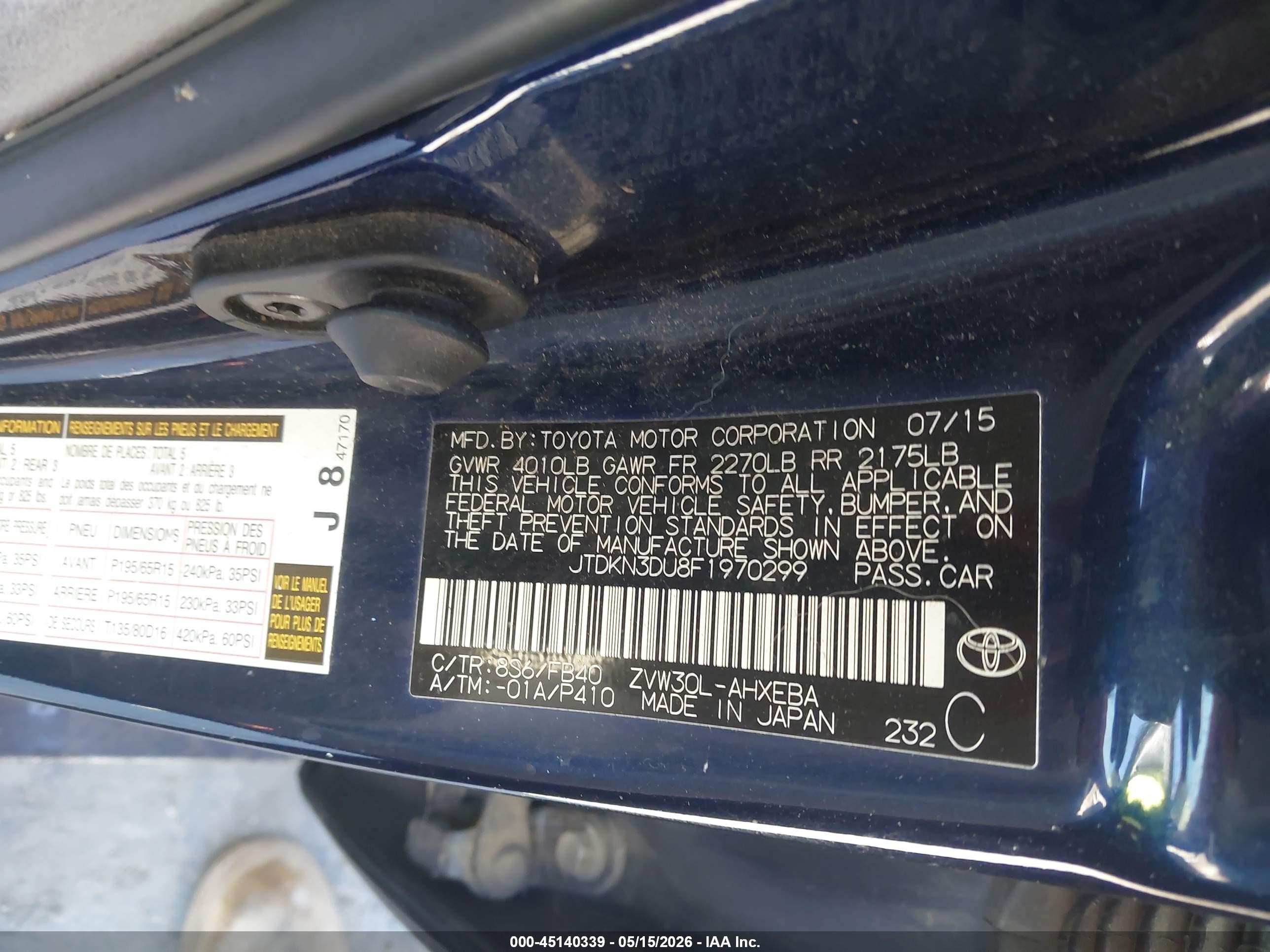 2015 Toyota Prius Two Blue vin: JTDKN3DU8F1970299