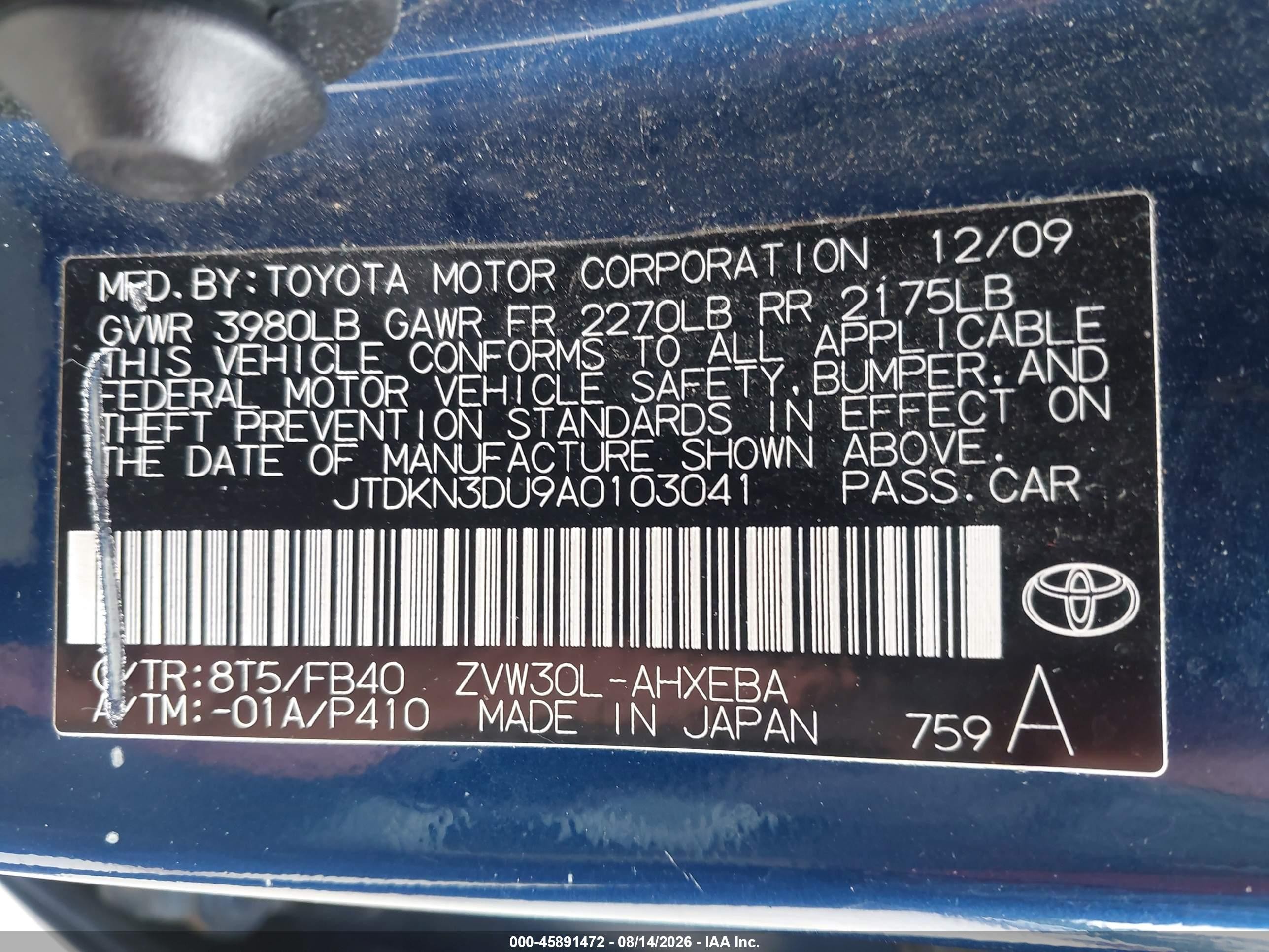 2010 Toyota Prius Ii Blue vin: JTDKN3DU9A0103041