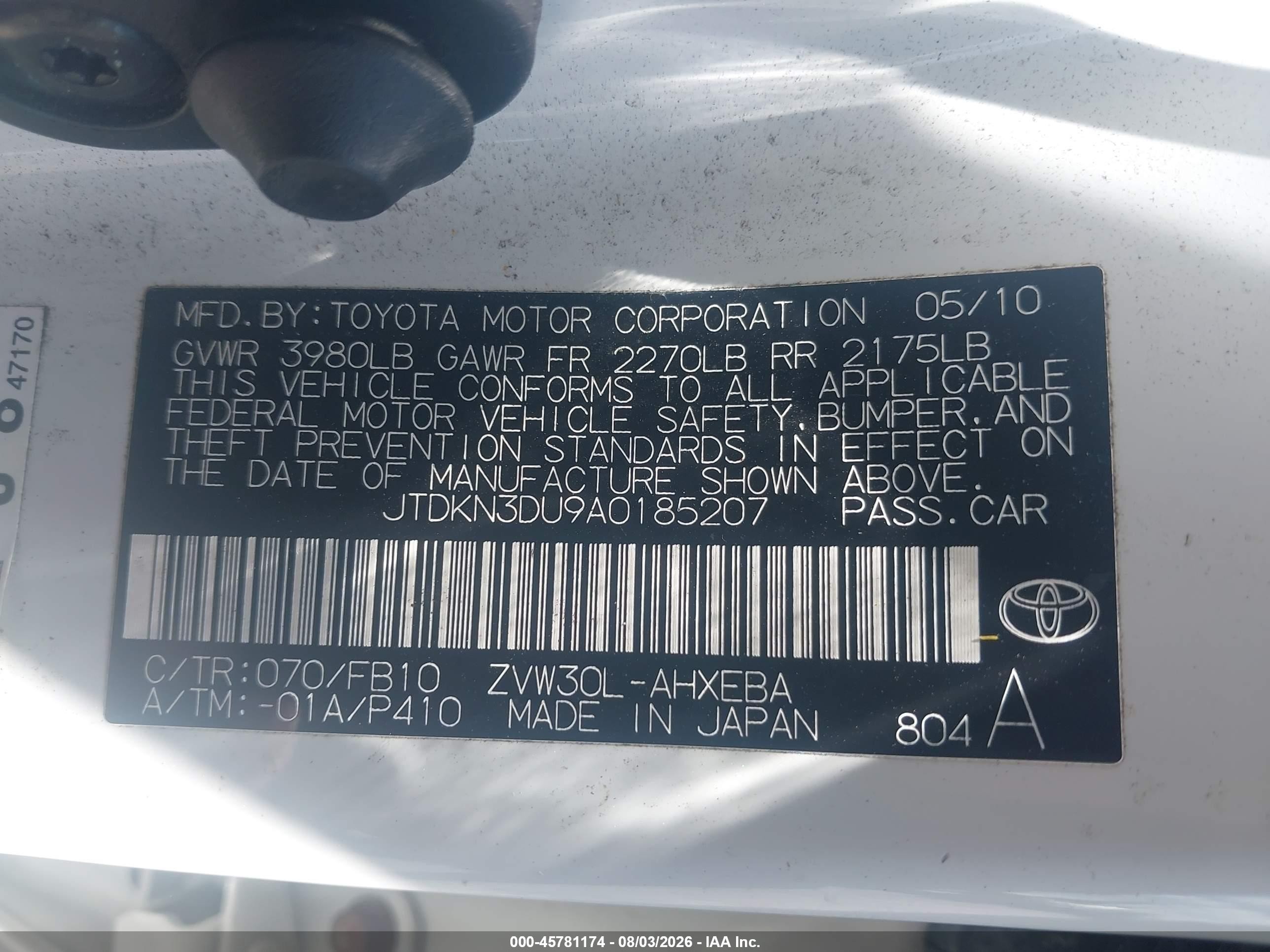 2010 Toyota Prius Iii White vin: JTDKN3DU9A0185207