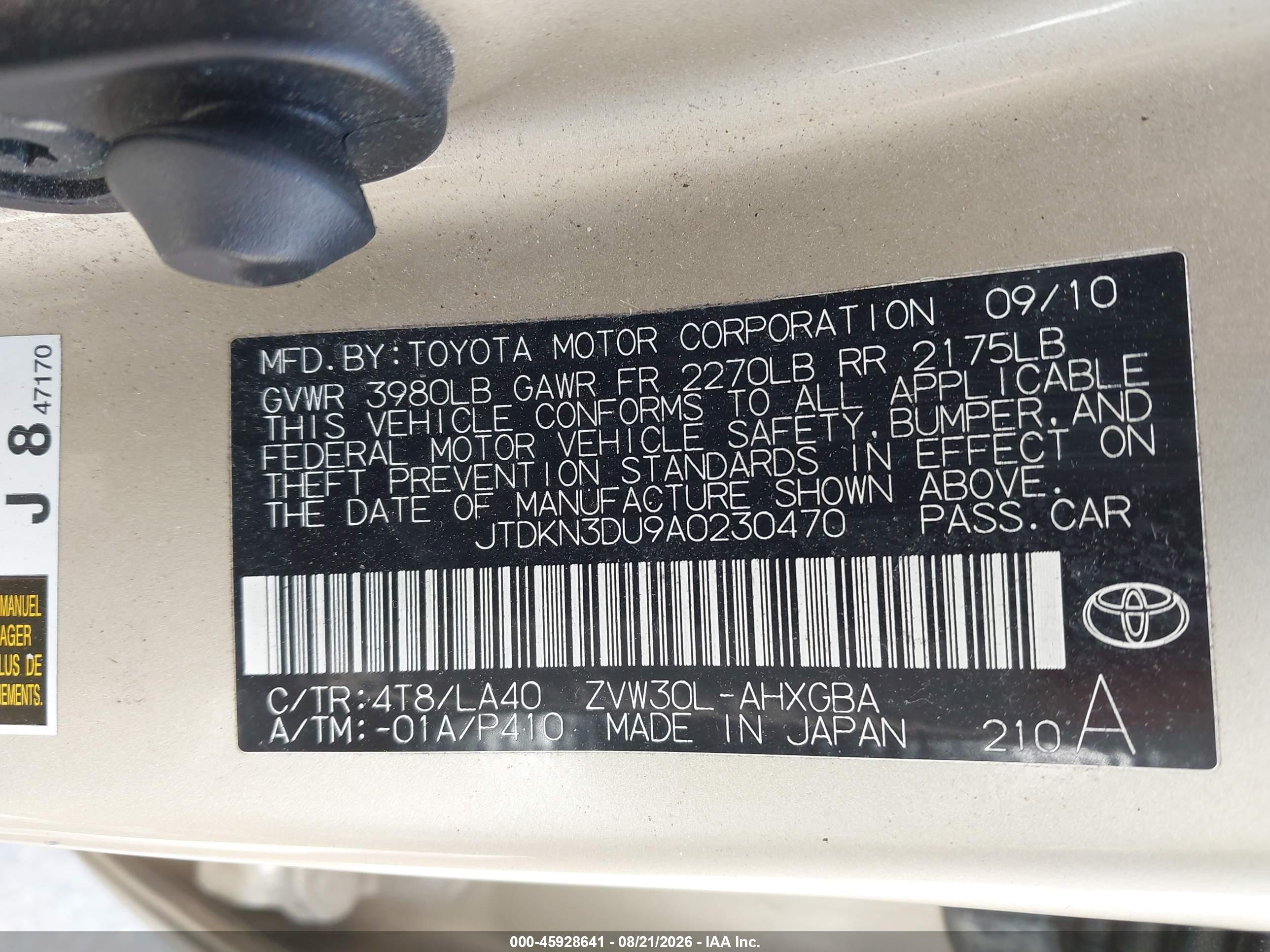 2010 Toyota Prius Iv Gold vin: JTDKN3DU9A0230470